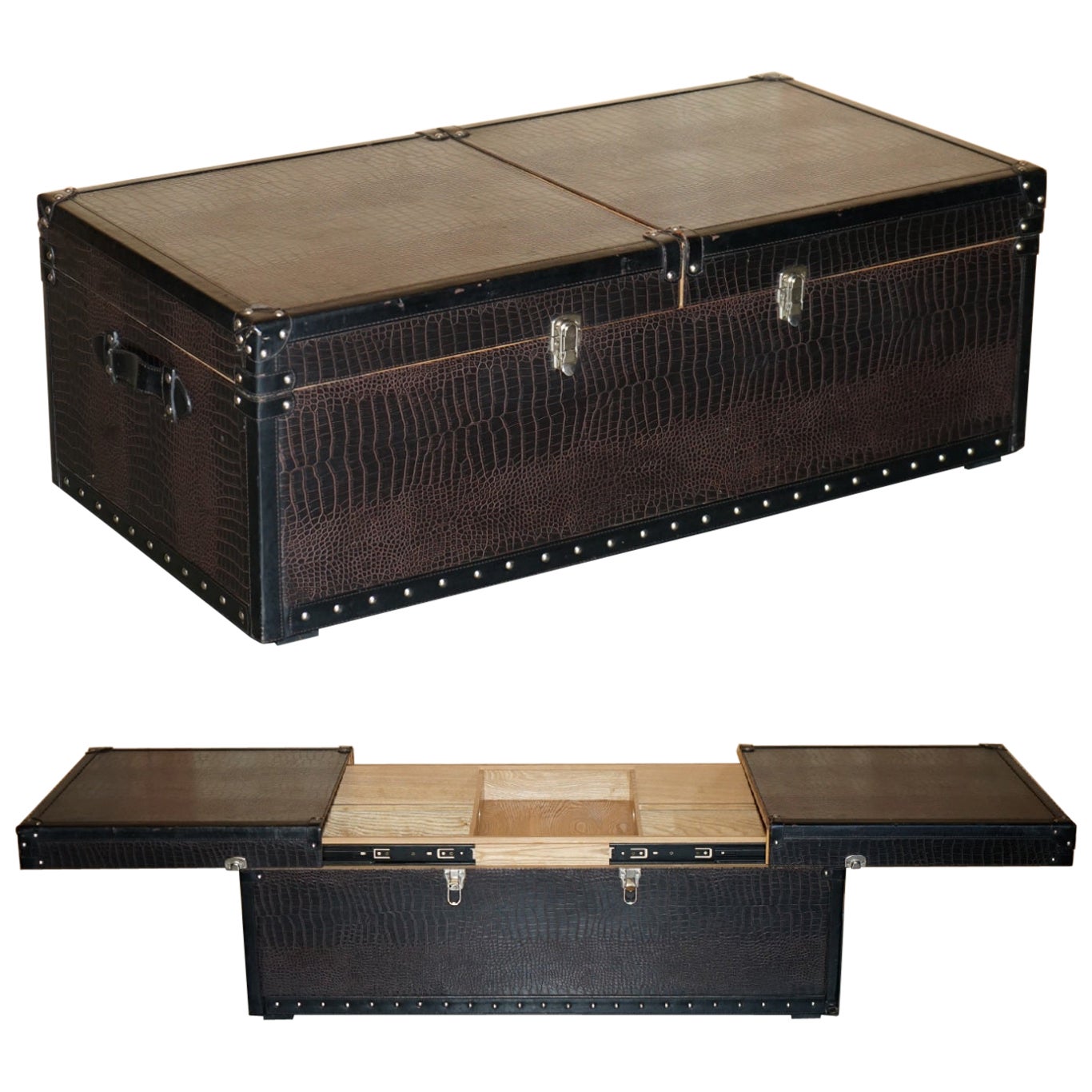 LEATHER CROCODILE ALLiGATOR EMBOSSED ASH WOOD INTERNAL STORAGE COFFEE TABLE For Sale