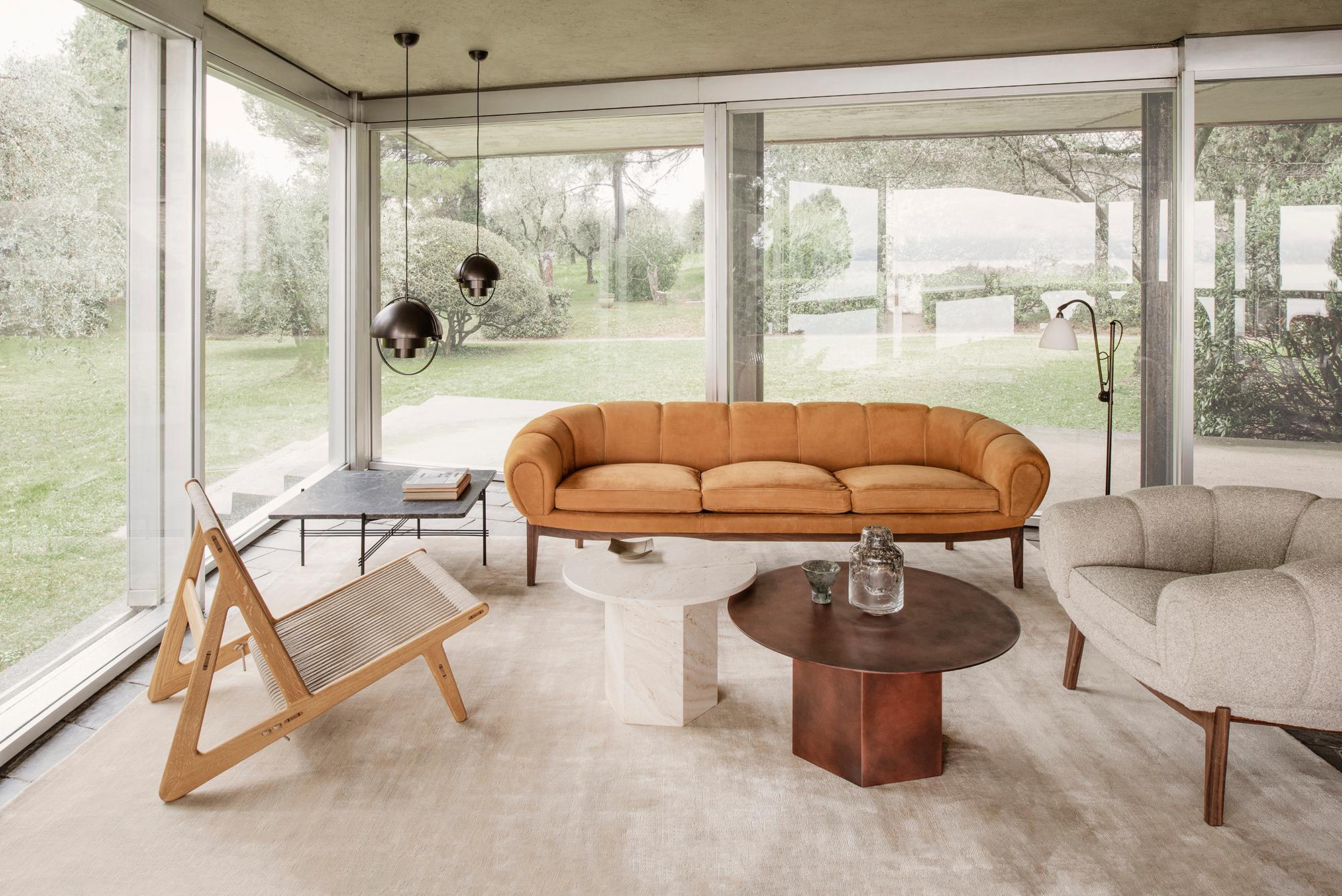 Contemporary Leather 'Croissant' Sofa by Illum Wikkelsø for Gubi with Walnut Legs For Sale