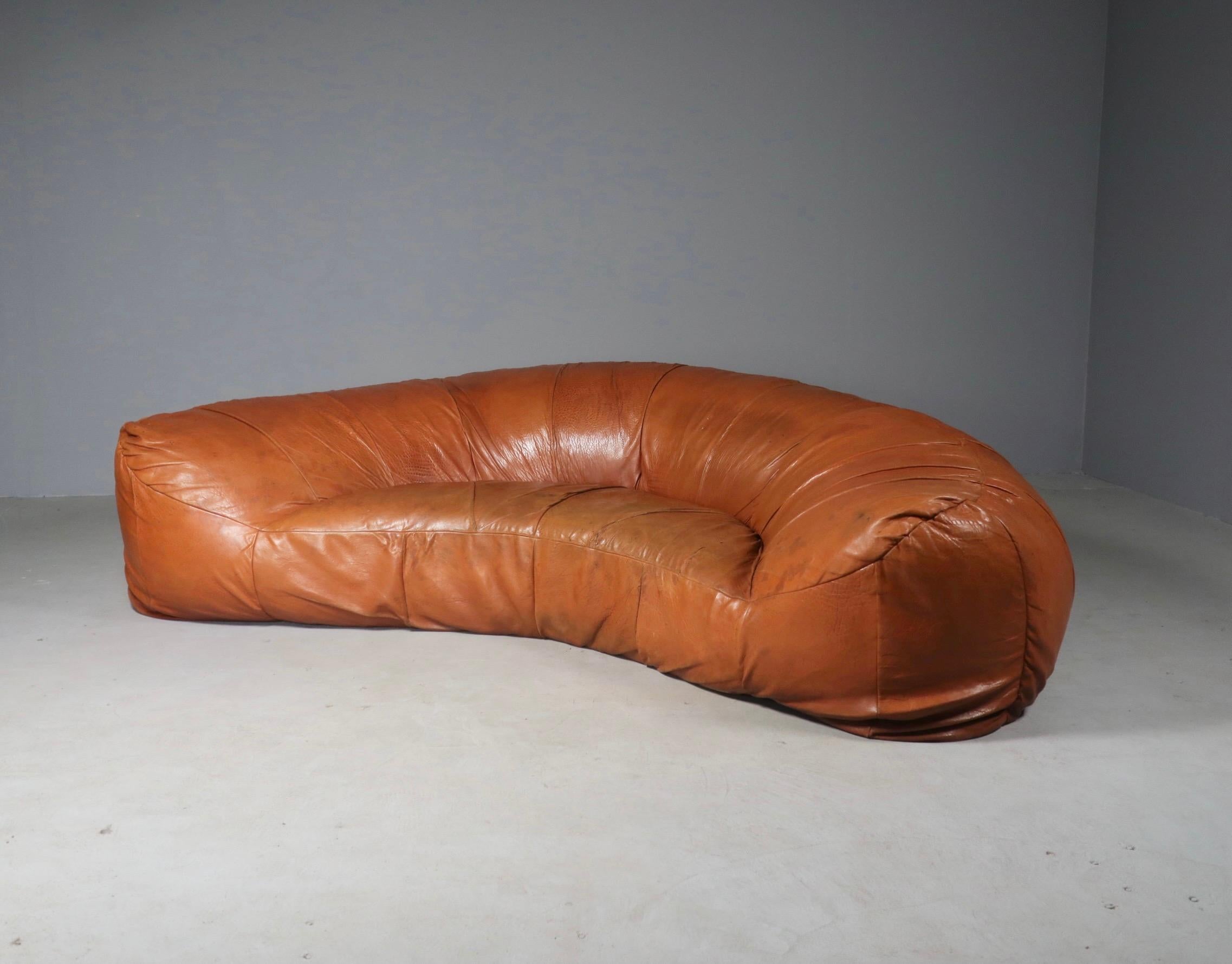 Modern Leather Croissant Sofa by Raphael Raffel for Honore Paris, 1970s
