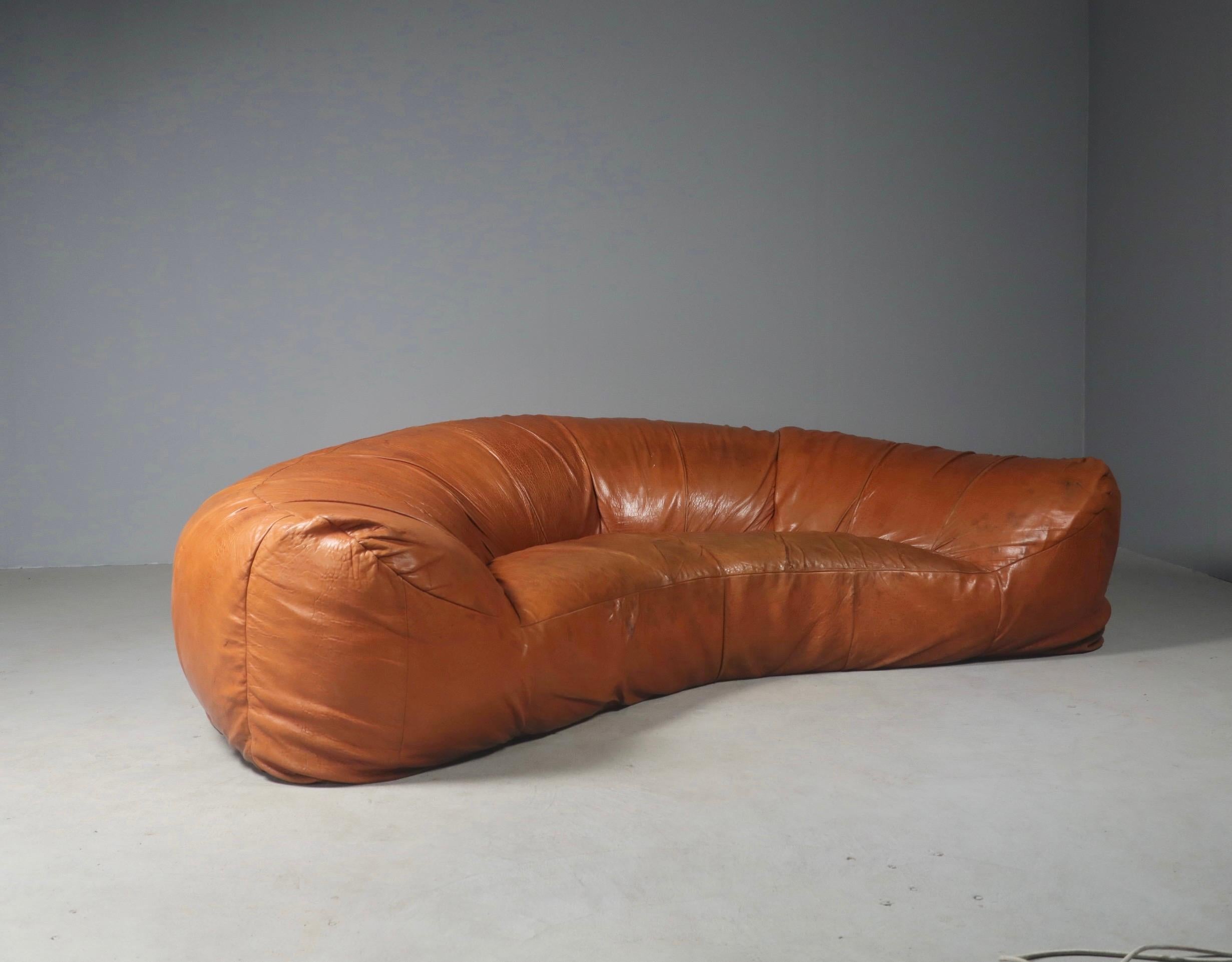 French Leather Croissant Sofa by Raphael Raffel for Honore Paris, 1970s