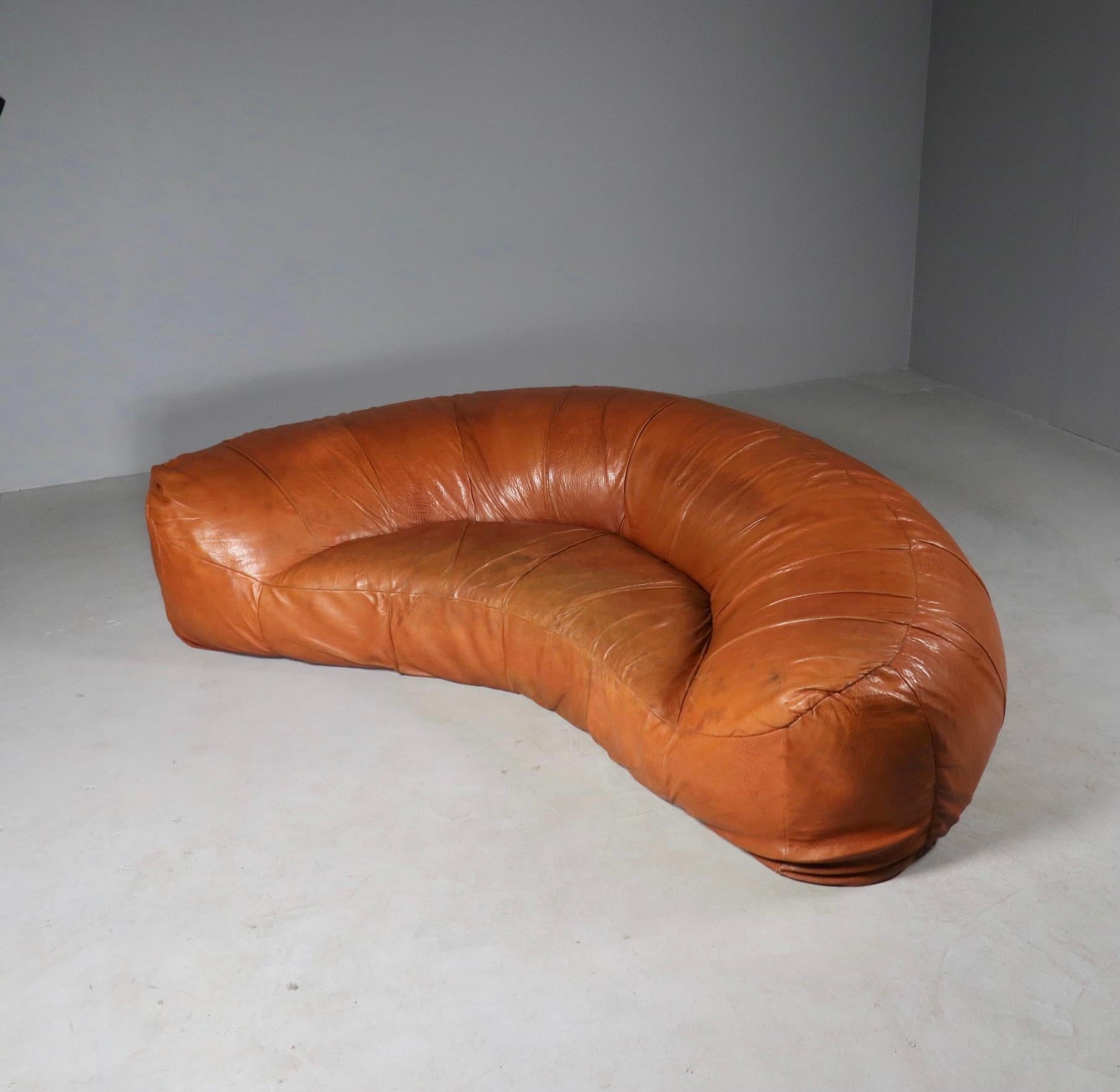 Leather Croissant Sofa by Raphael Raffel for Honore Paris, 1970s In Good Condition In Los Angeles, CA