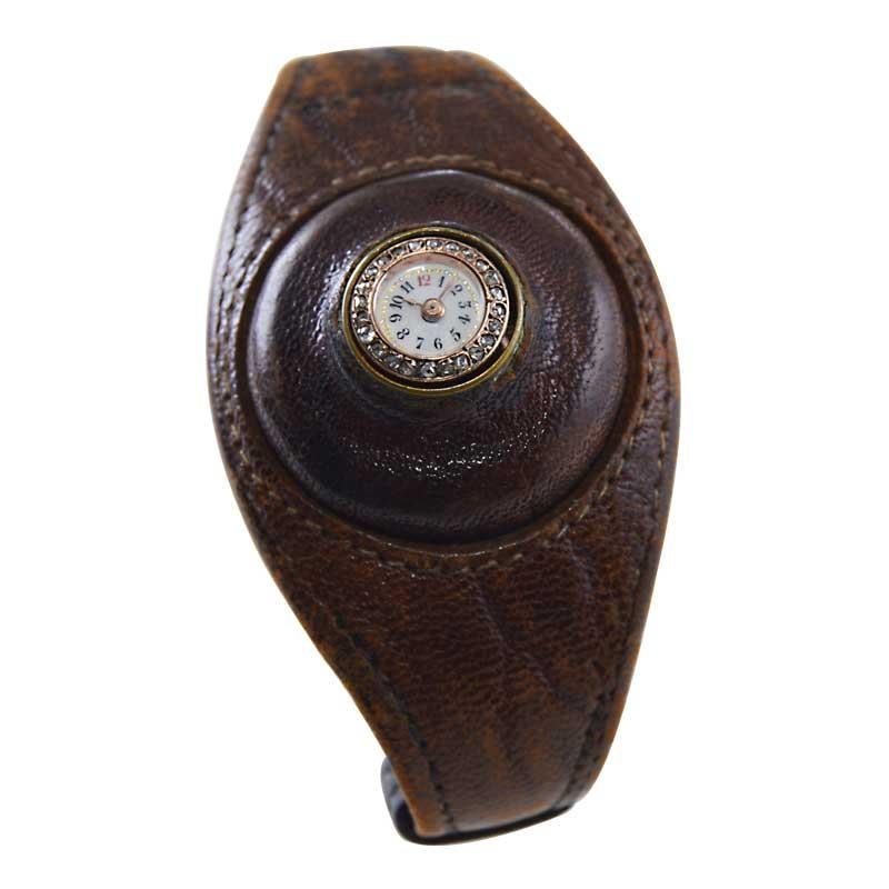 Art Nouveau Leather Cuff Watch in 18kt. Gold with Rose Cut Diamond Bezel For Sale