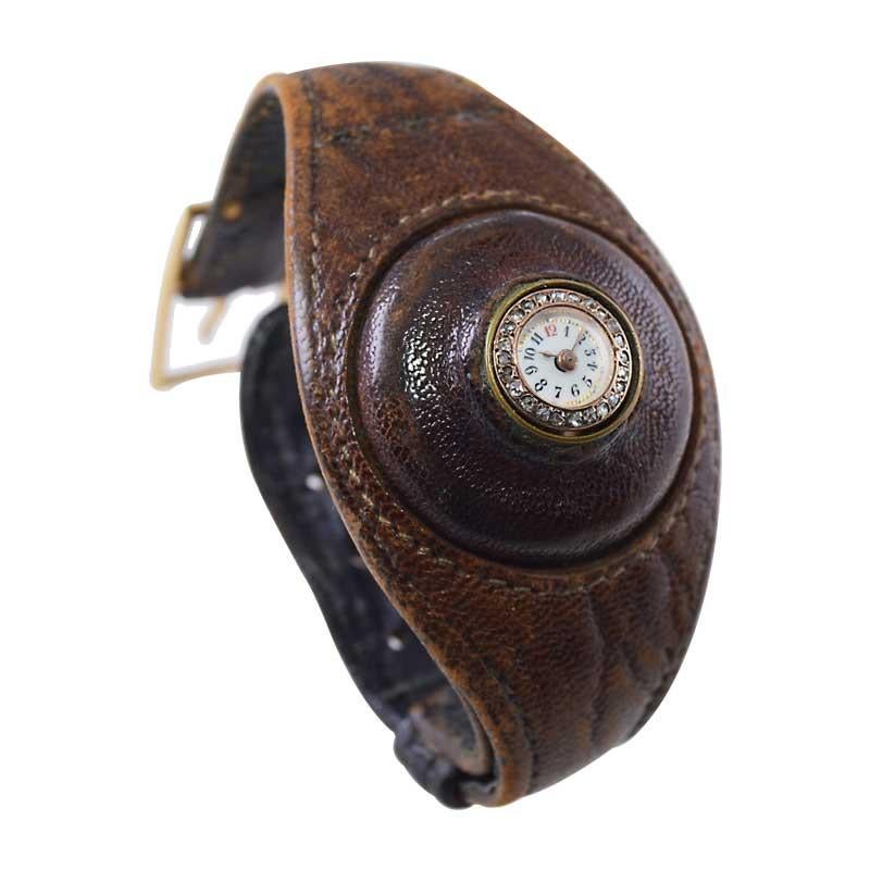 Leather Cuff Watch in 18kt. Gold with Rose Cut Diamond Bezel In Excellent Condition For Sale In Long Beach, CA