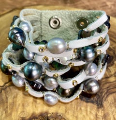 Leather Cuff with Tahitian Pearls and Mother of Pearl Clovers