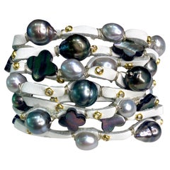 Leather Cuff with Tahitian Pearls and Mother of Pearl Clovers
