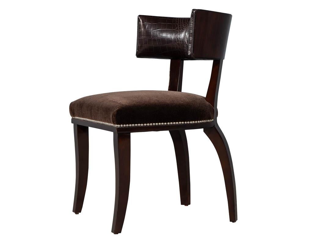 Modern curved back side chair, featuring leather back and mohair brown seat. Finished in a rich espresso wood finish and head to head polished nails.

Price includes complimentary curb side delivery to the continental USA.