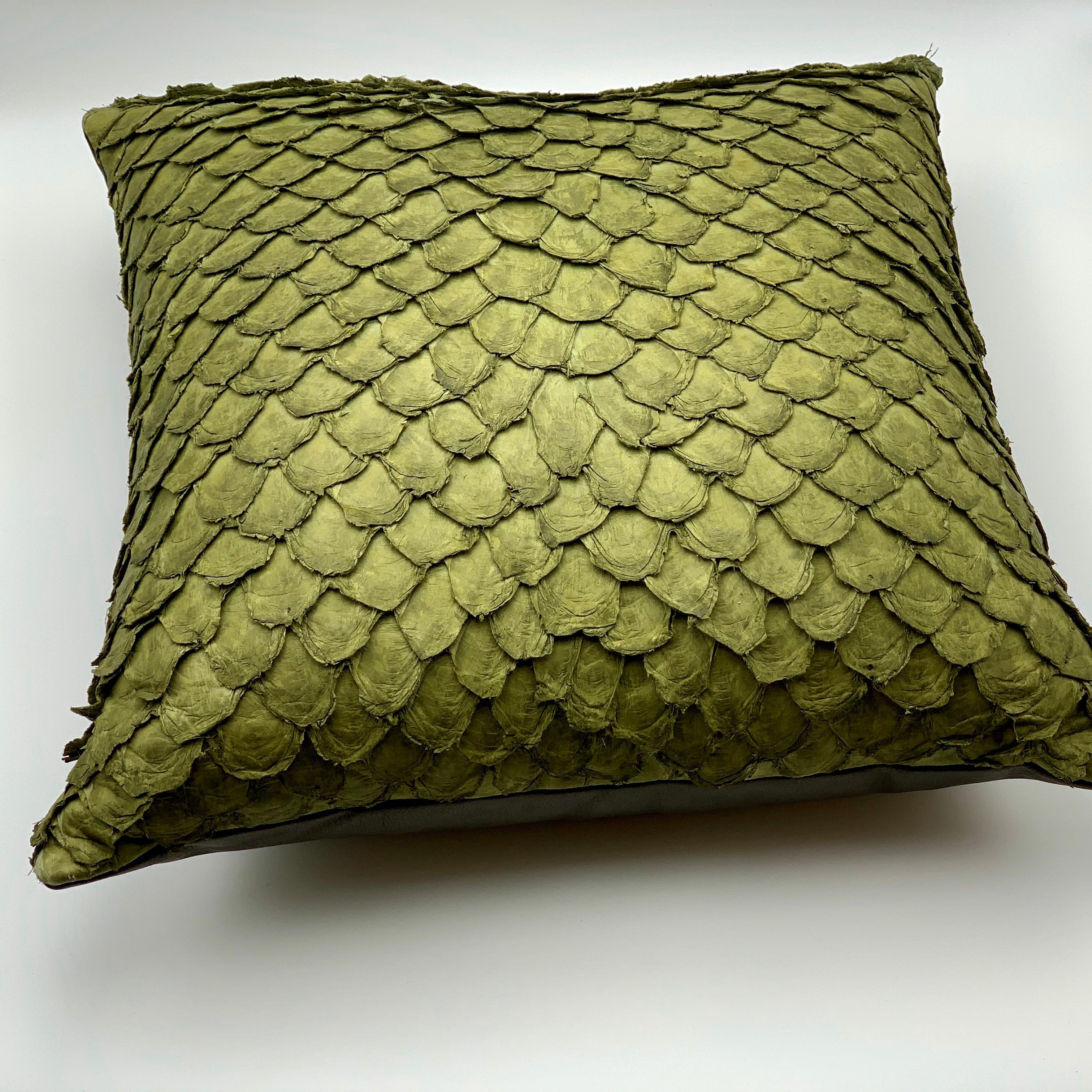 Modern Leather Cushion, Made with Exclusive Pirarucu Fish Leather Black Large Size For Sale