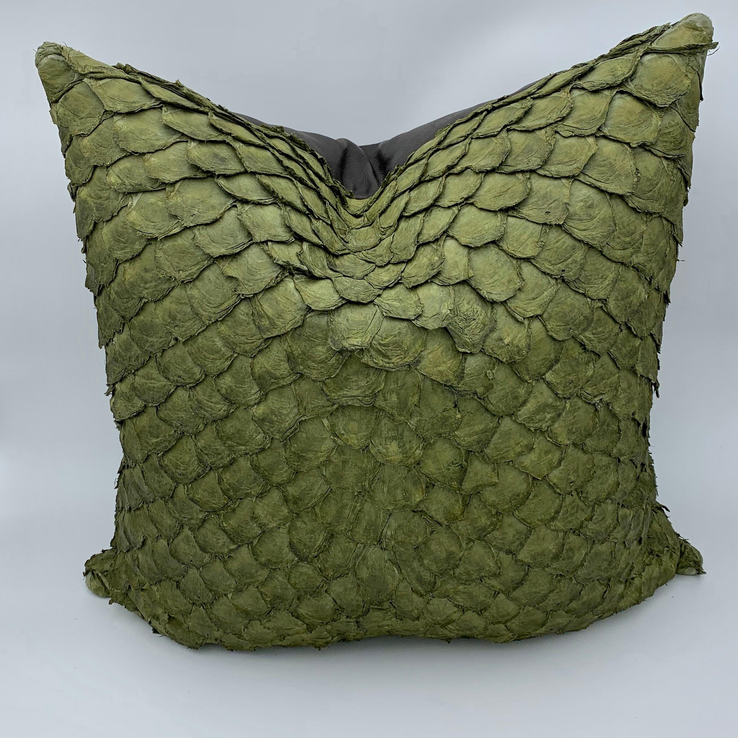 Vegetable Dyed Leather Cushion, Made with Exclusive Pirarucu Fish Leather Black Large Size For Sale