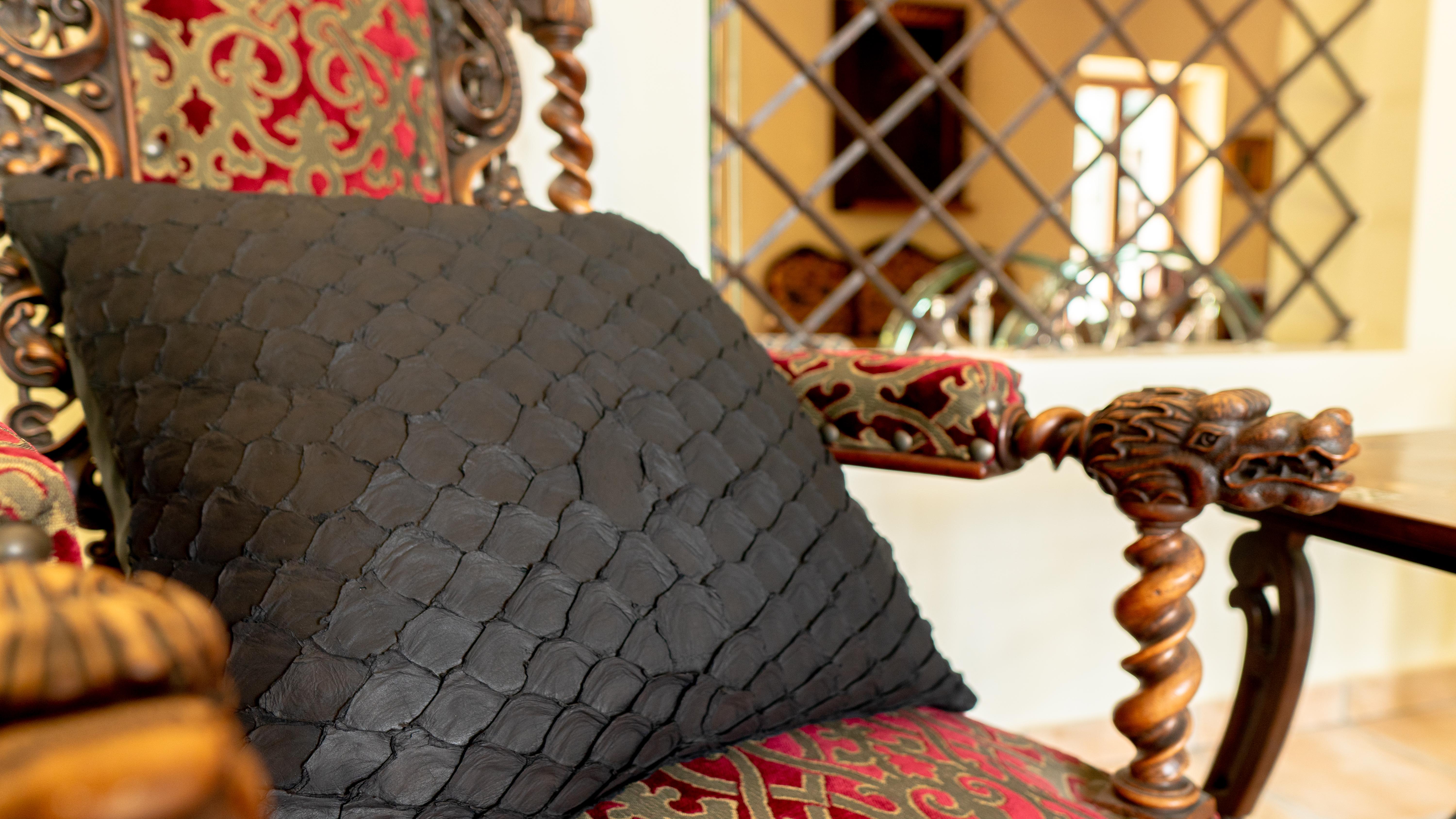 Spanish Leather Cushion, Made with Exclusive Pirarucu Fish Leather Black Large Size For Sale