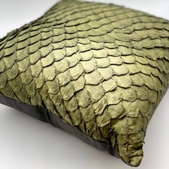 Leather Cushion, Made with Exclusive Pirarucu Fish Leather Green Large Size
