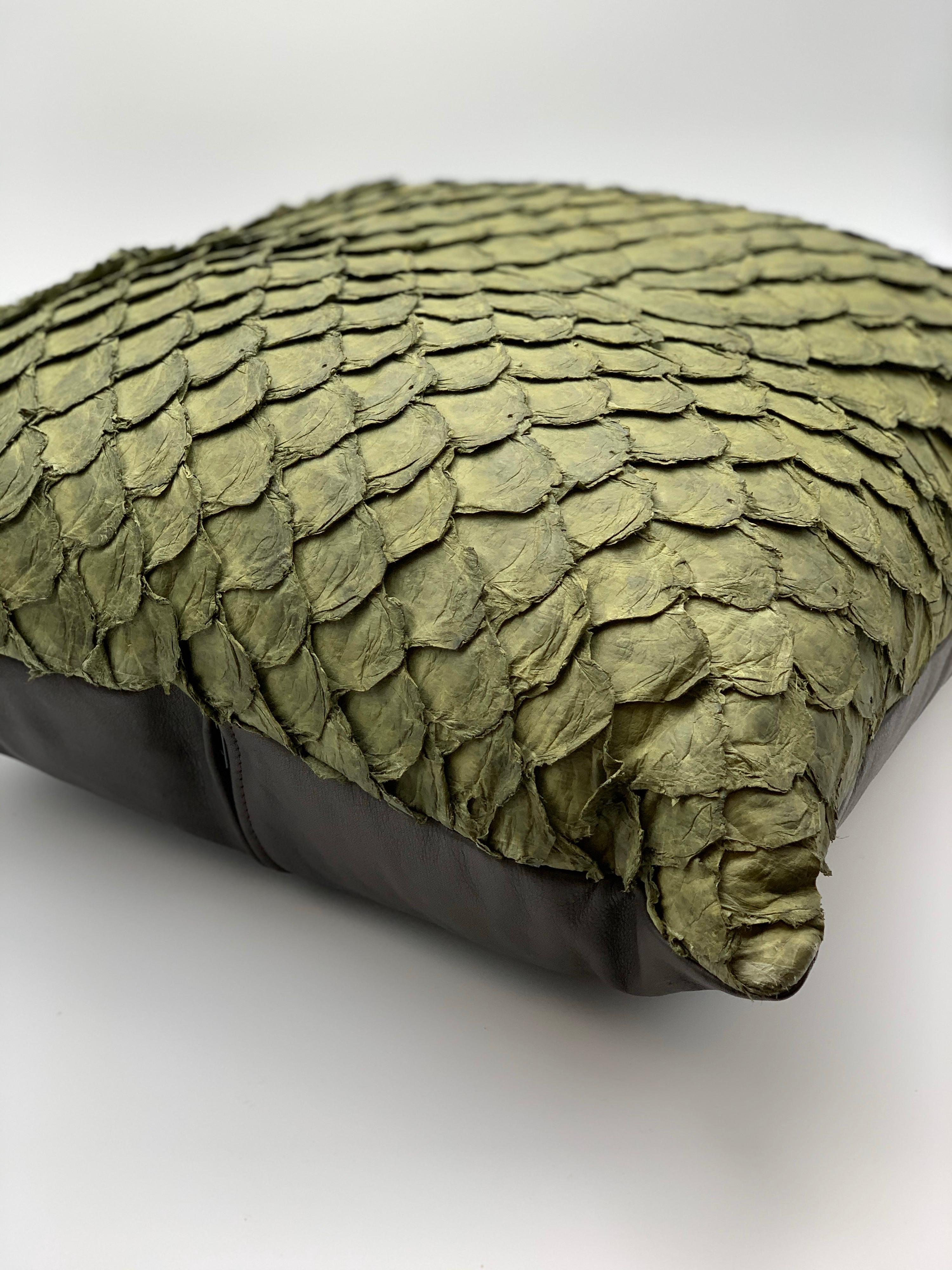 Modern Leather Cushion, Made with Exclusive Pirarucu Fish Leather Green Large Size For Sale