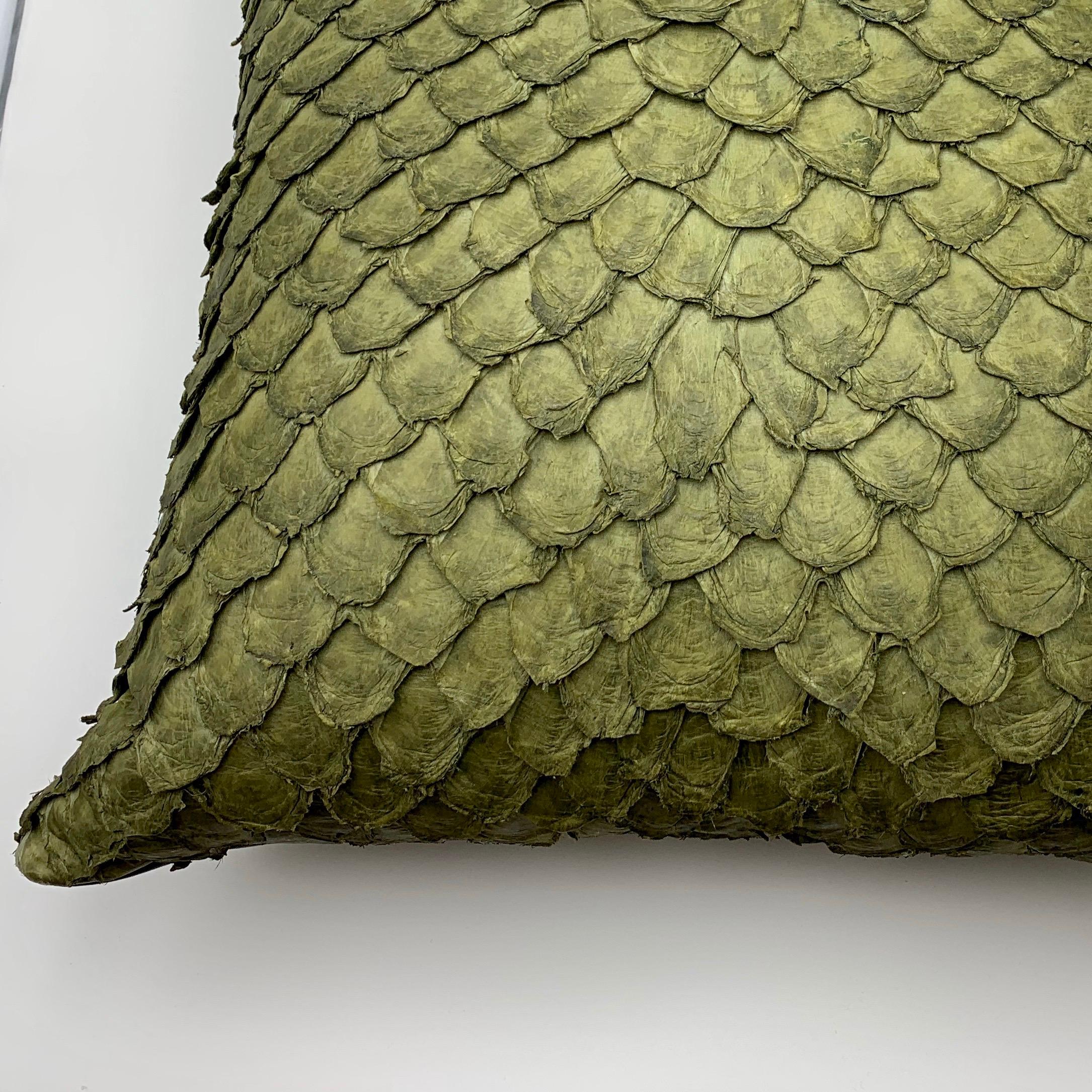 Spanish Leather Cushion, Made with Exclusive Pirarucu Fish Leather Green Large Size For Sale