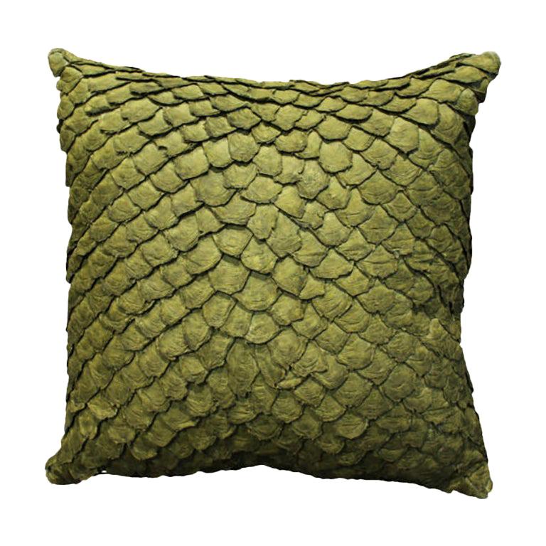 Leather Cushion, Made with Exclusive Pirarucu Fish Leather Green Large Size For Sale