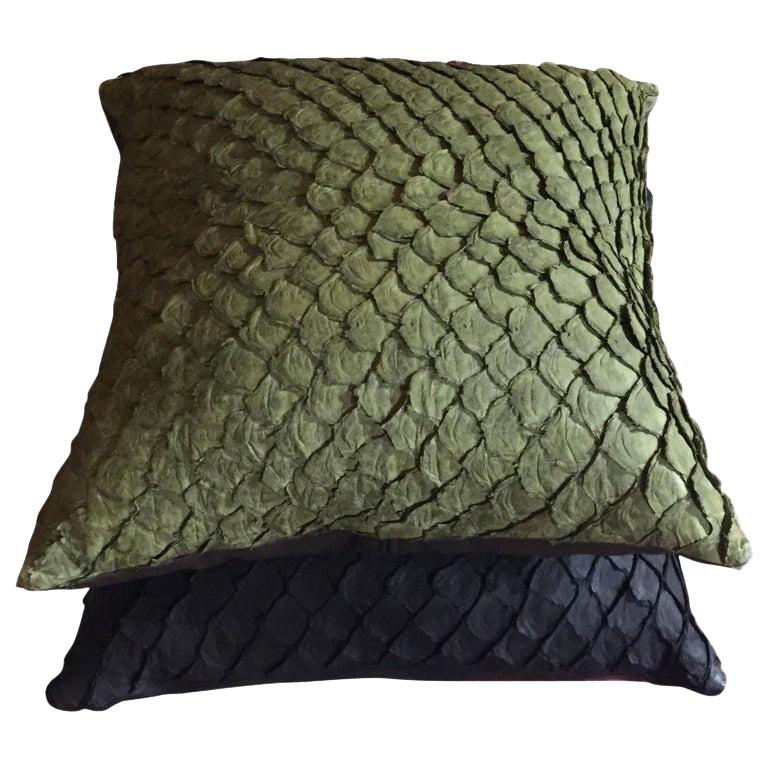 Leather Cushion, Made with Exclusive Pirarucu Fish Leather Green Small Size For Sale