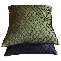 Leather Cushion, Made with Exclusive Pirarucu Fish Leather Green Small Size