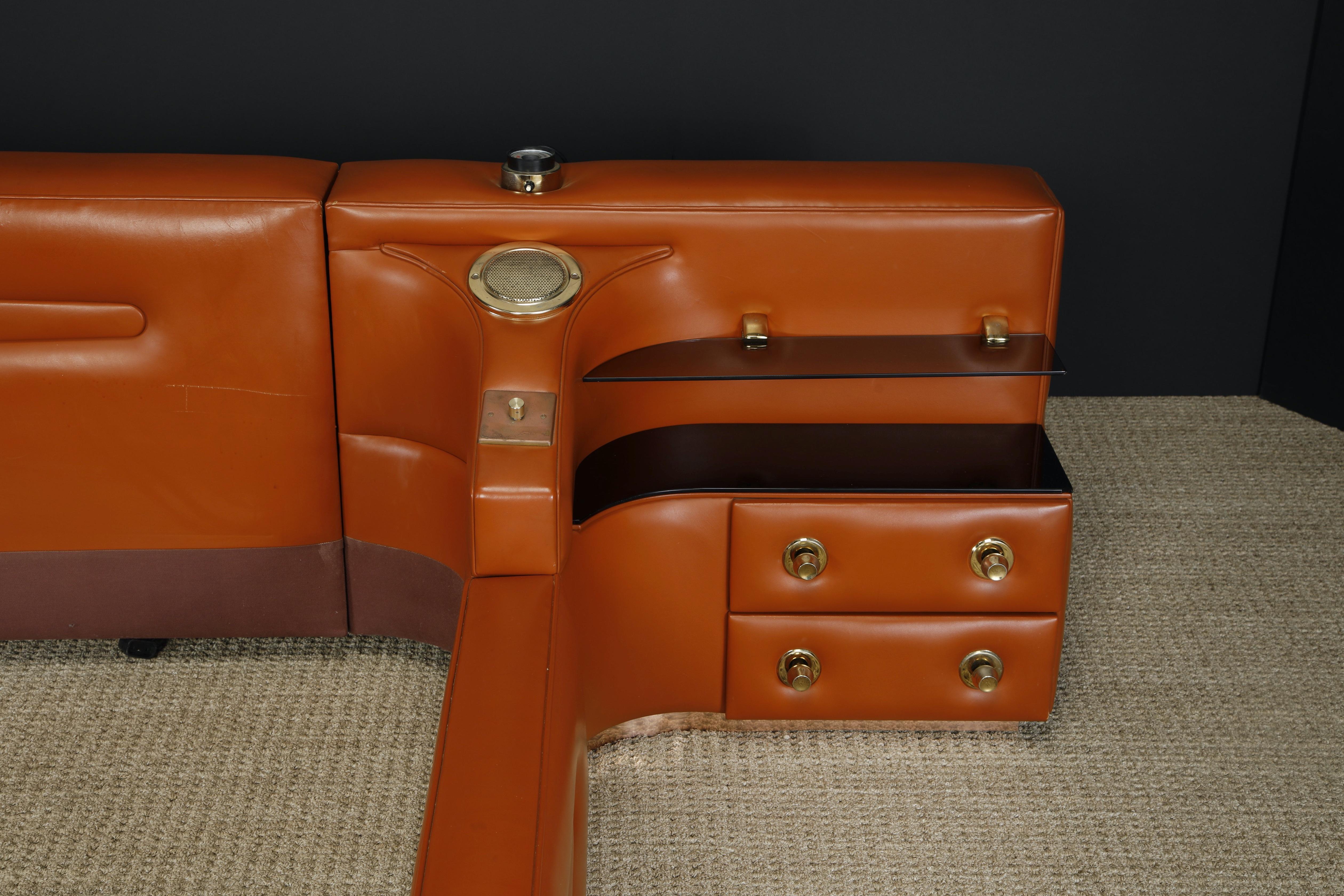 Brass Leather Custom Integrated King Bed with Nightstands & Stereo w Speakers, 1970s