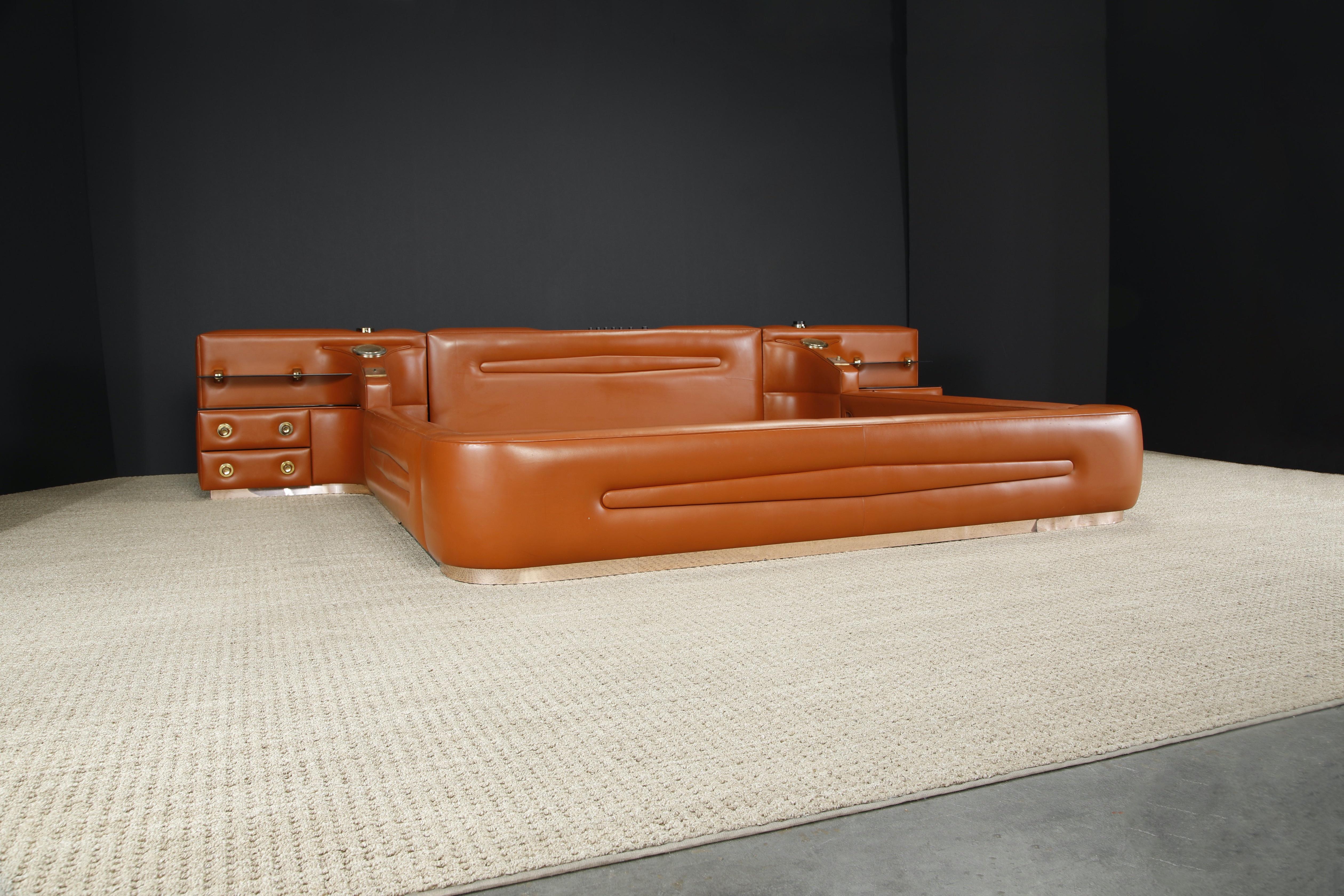 Modern Leather Custom Integrated King Bed with Nightstands & Stereo w Speakers, 1970s