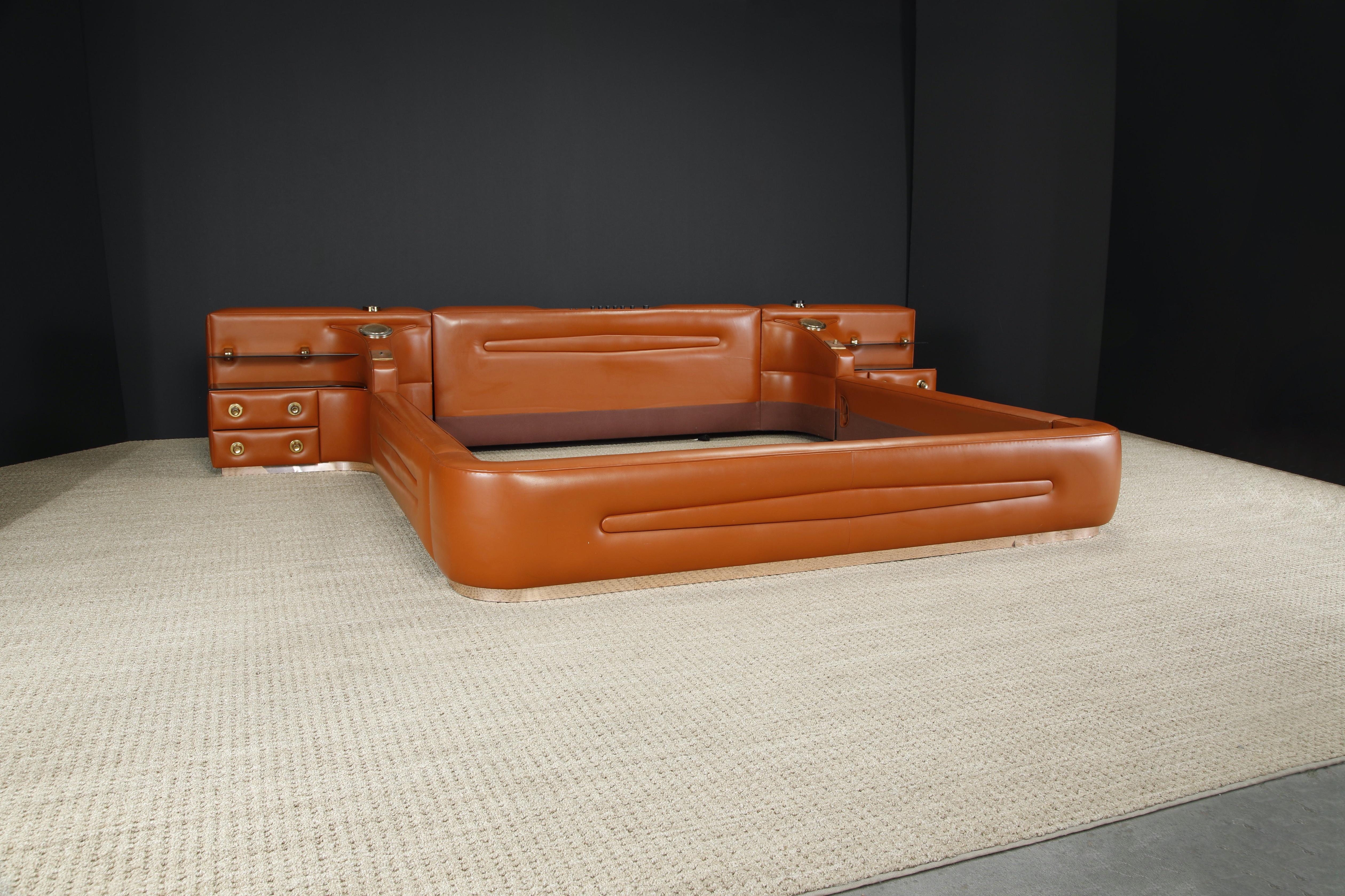 American Leather Custom Integrated King Bed with Nightstands & Stereo w Speakers, 1970s