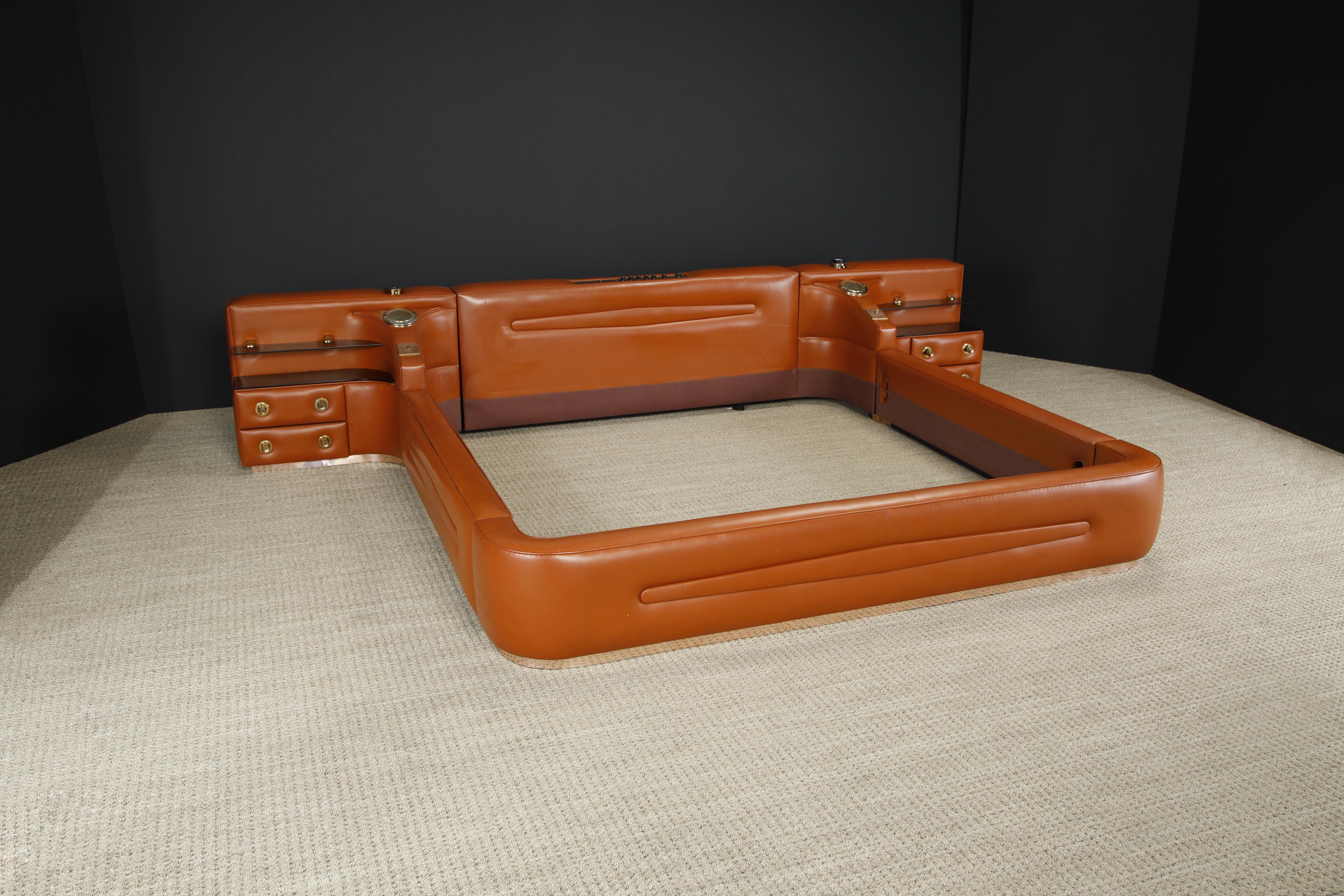 Leather Custom Integrated King Bed with Nightstands & Stereo w Speakers, 1970s In Good Condition In Los Angeles, CA