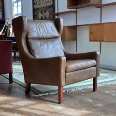 Leather Danish High-Back Lounge Chair Attributed to Børge Mogensen
