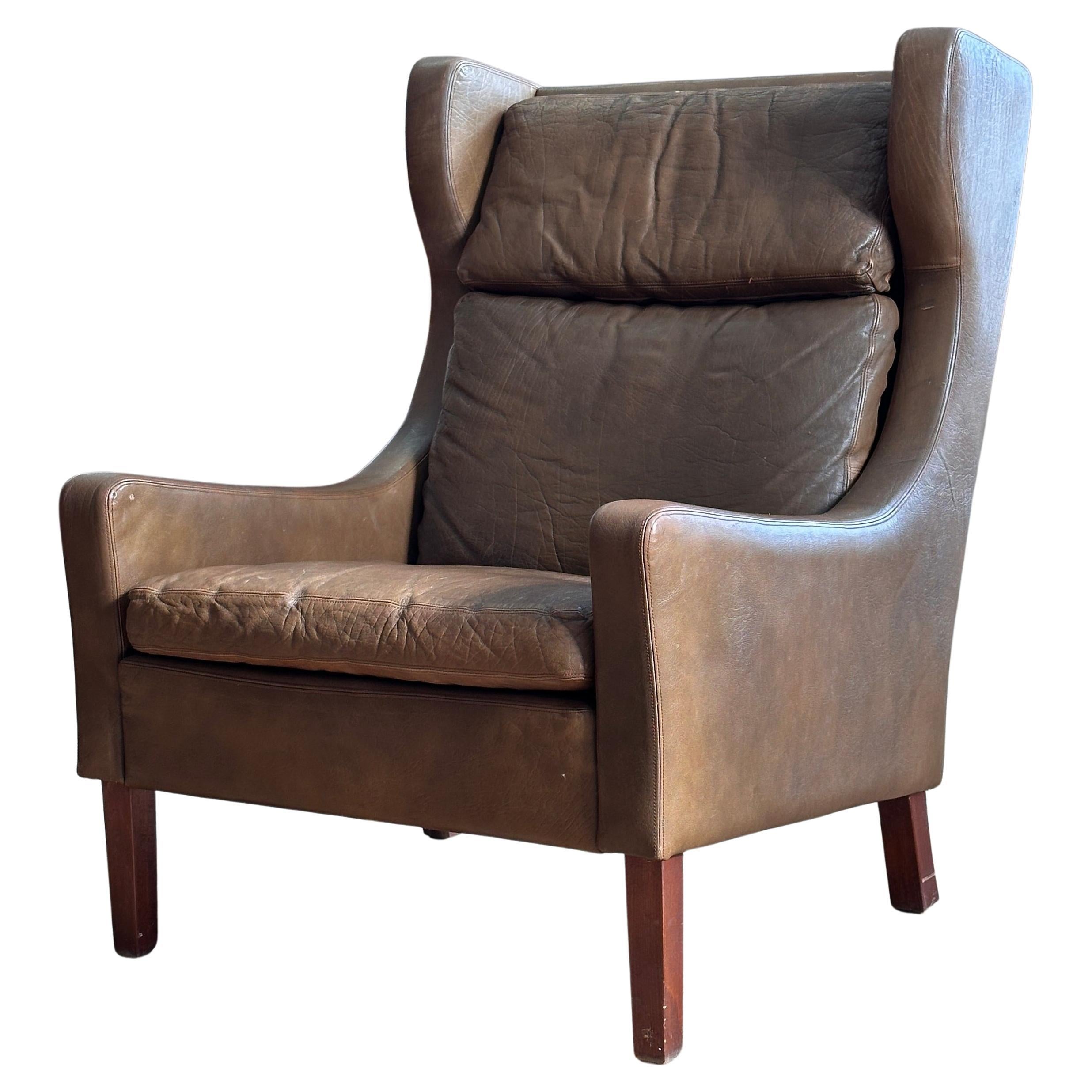 Leather Danish High-Back Lounge Chair Attributed to Børge Mogensen