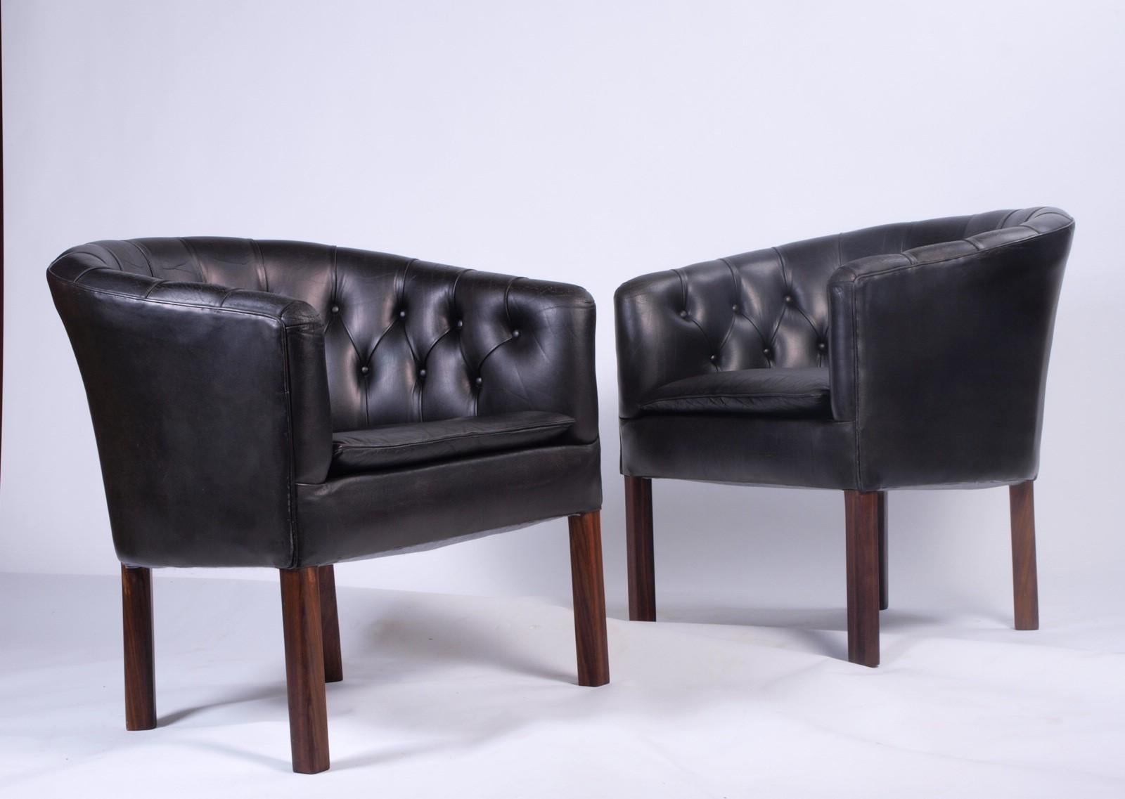 Leather Danish Lounge Chairs Attributed to Kaare Klint, Borge Mogensen 1