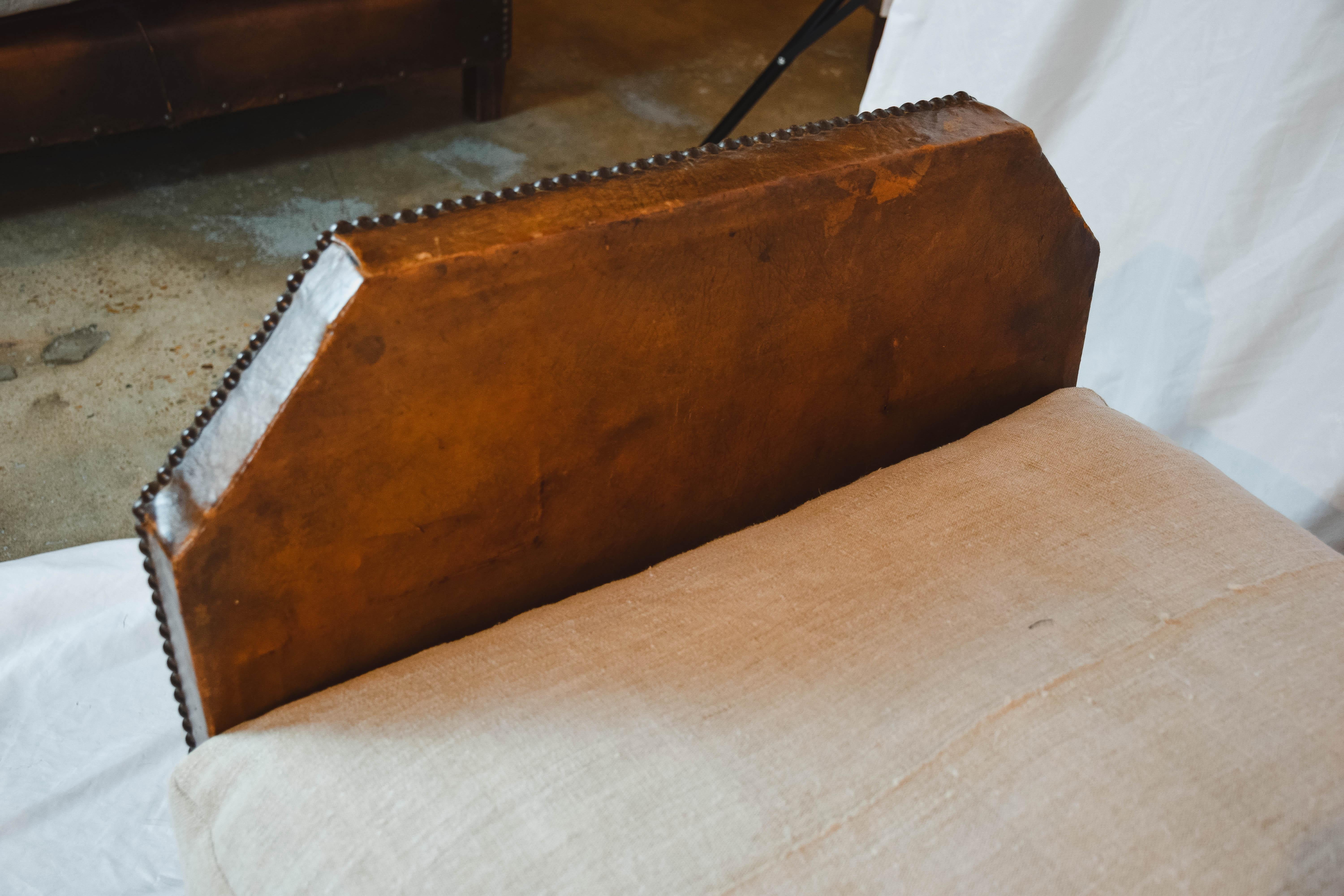 19th Century Leather Daybed with Linen Cushion