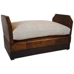 Antique Leather Daybed with Linen Cushion