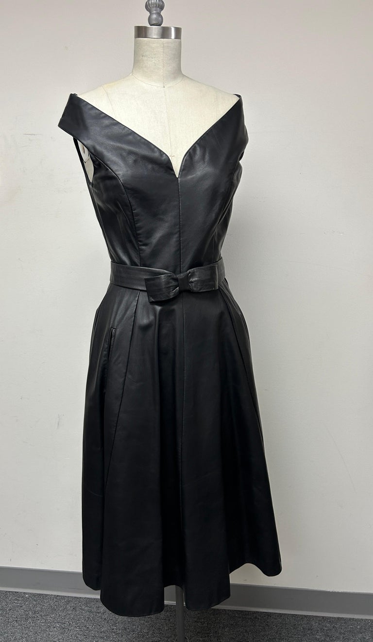 Supple Dark Brown Leather V Portrait Neckline Fit-and-flare Dress with Belt For Sale at 1stDibs Supple Dark Brown Leather V Portrait Neckline Fit-and-flare Dress with Belt For Sale at 1stDibs
