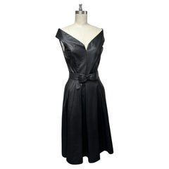 Vintage Supple Dark Brown Leather V Portrait Neckline Fit-and-flare Dress with Belt