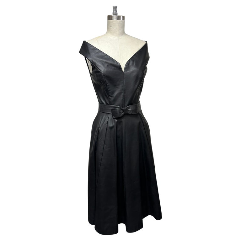 Supple Dark Brown Leather V Portrait Neckline Fit-and-flare Dress with Belt  For Sale at 1stDibs