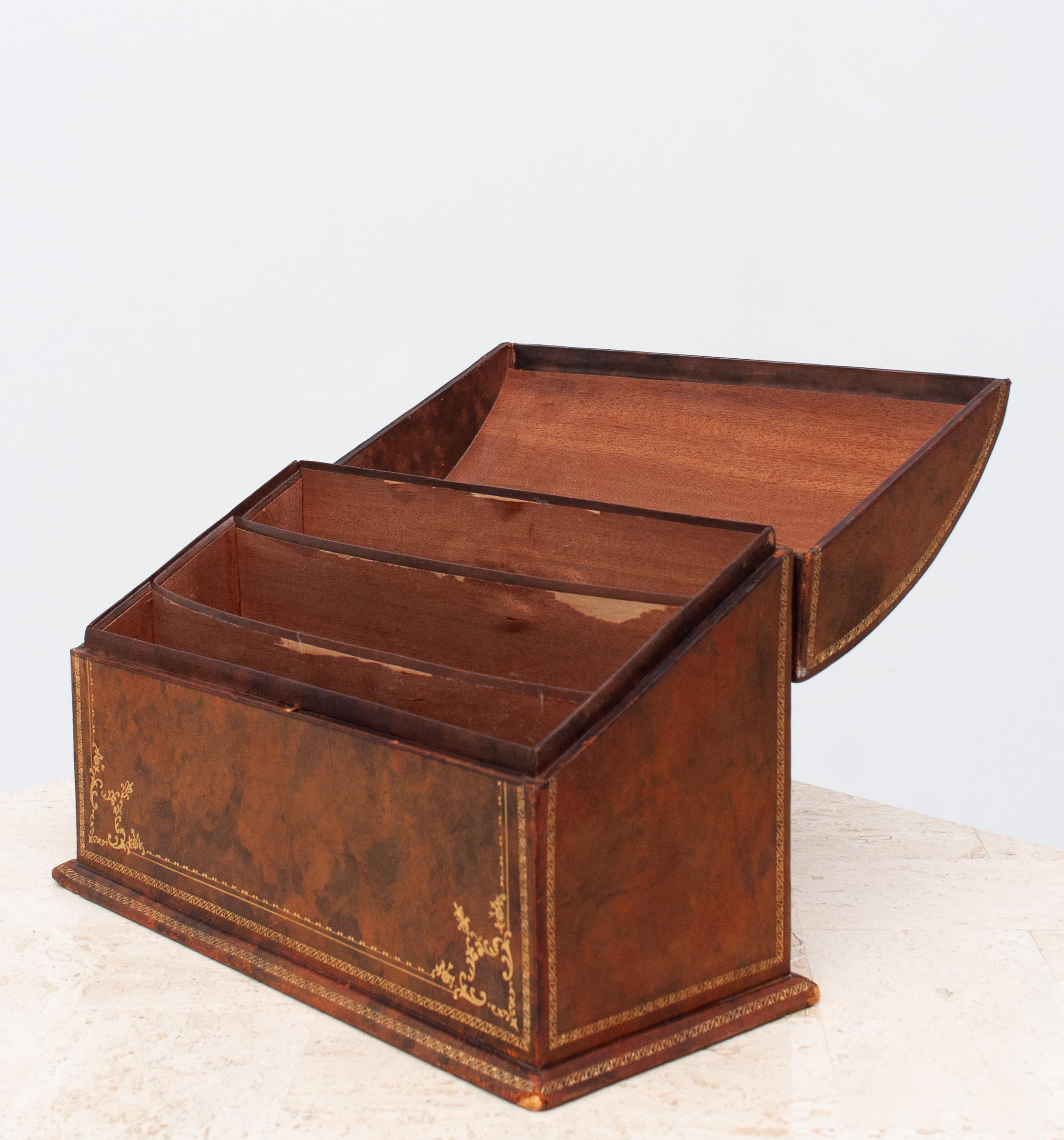 Early Victorian Leather Desk Letter Holder Box with Gold Embossing
