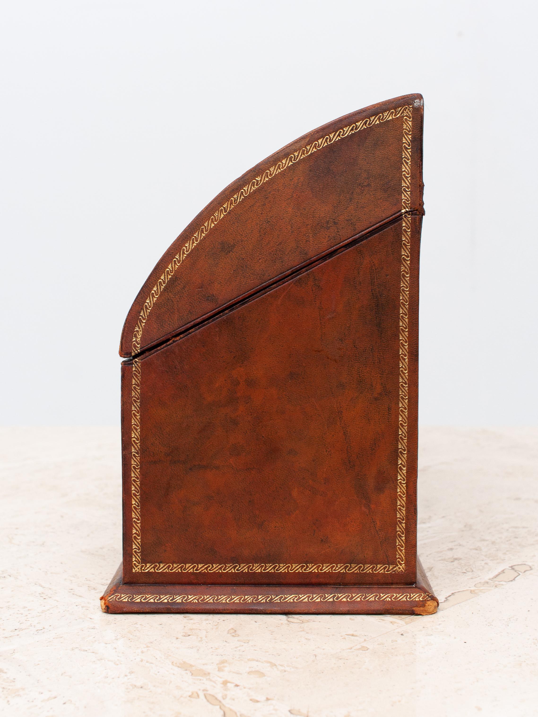 Mid-20th Century Leather Desk Letter Holder Box with Gold Embossing