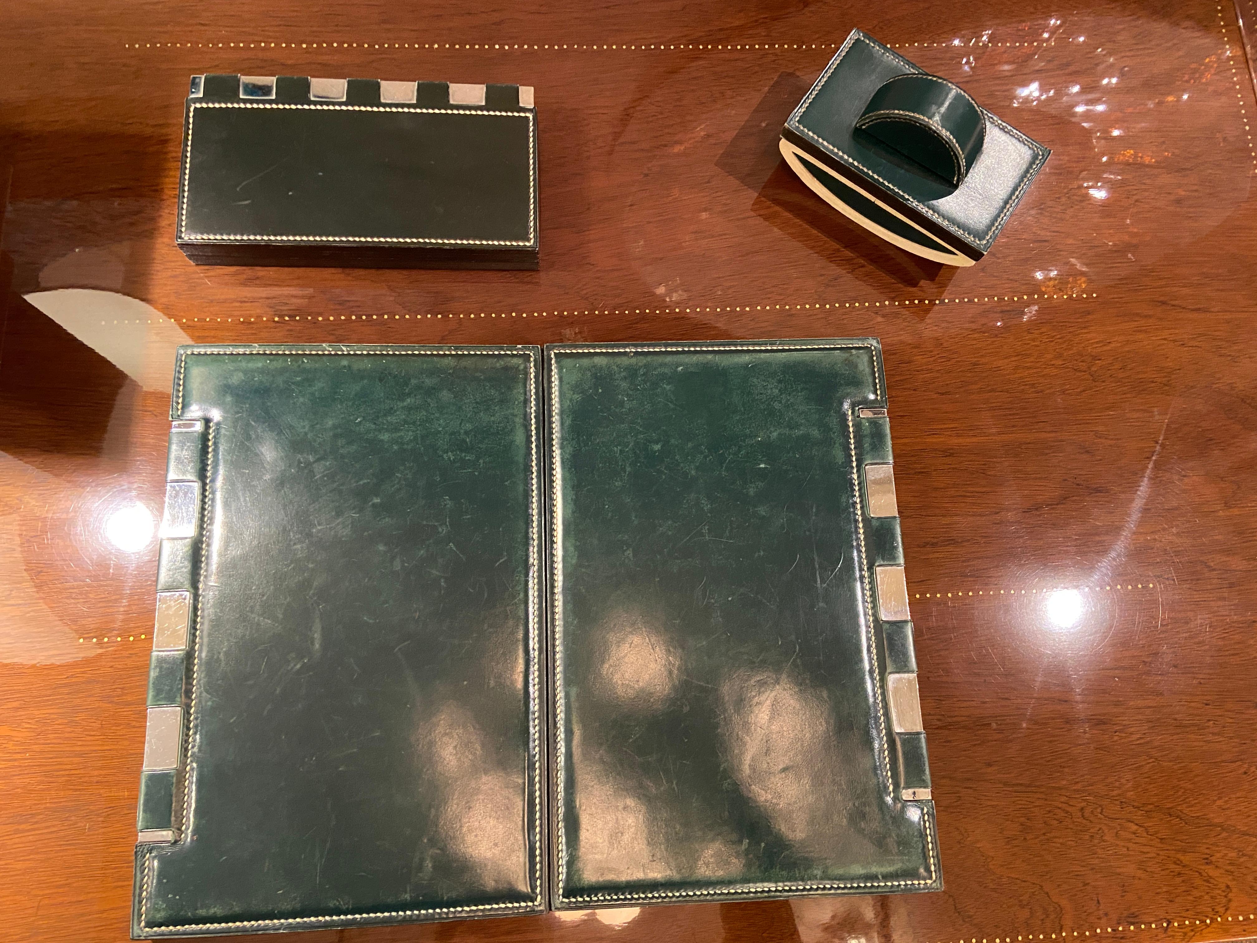 Silver Leather Desk Set by Paul Dupre-Lafon for Hermes, France, 1960s