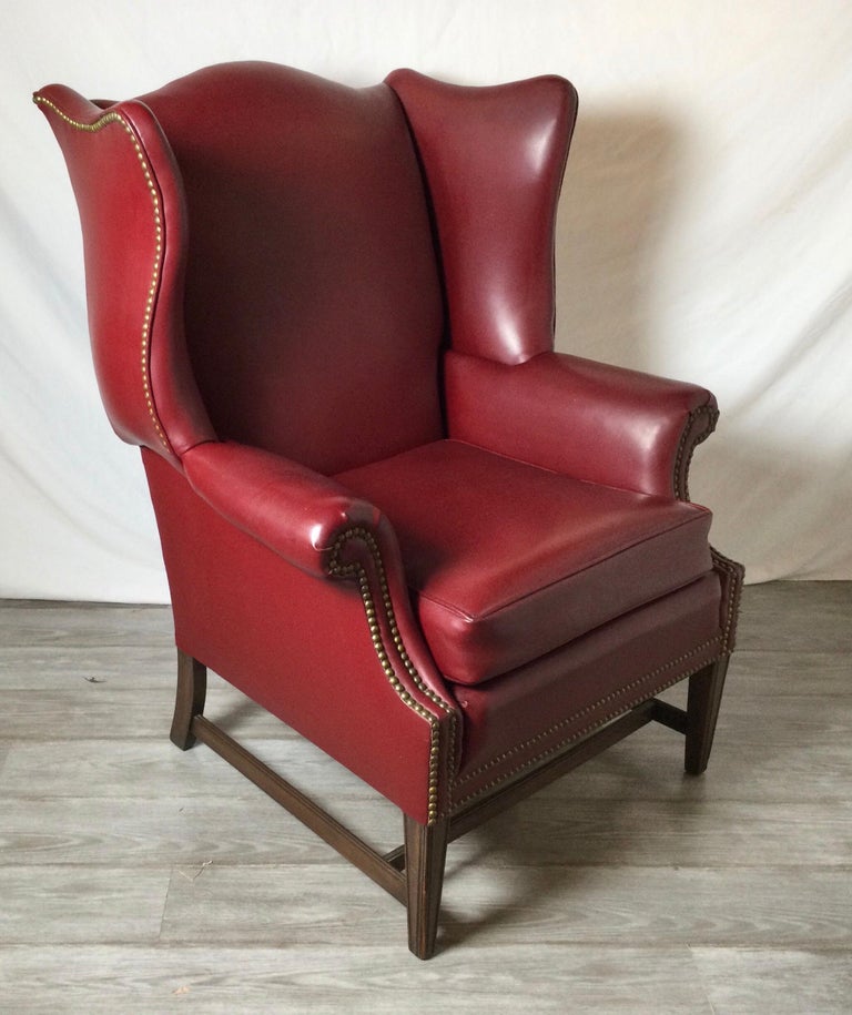 American Leather Devon Style Wing Chair with Brass Nail Head Trim For Sale