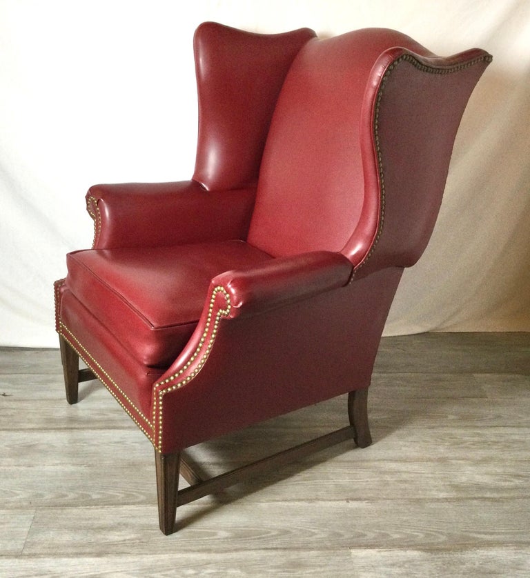 Leather Devon Style Wing Chair with Brass Nail Head Trim In Good Condition For Sale In Lambertville, NJ