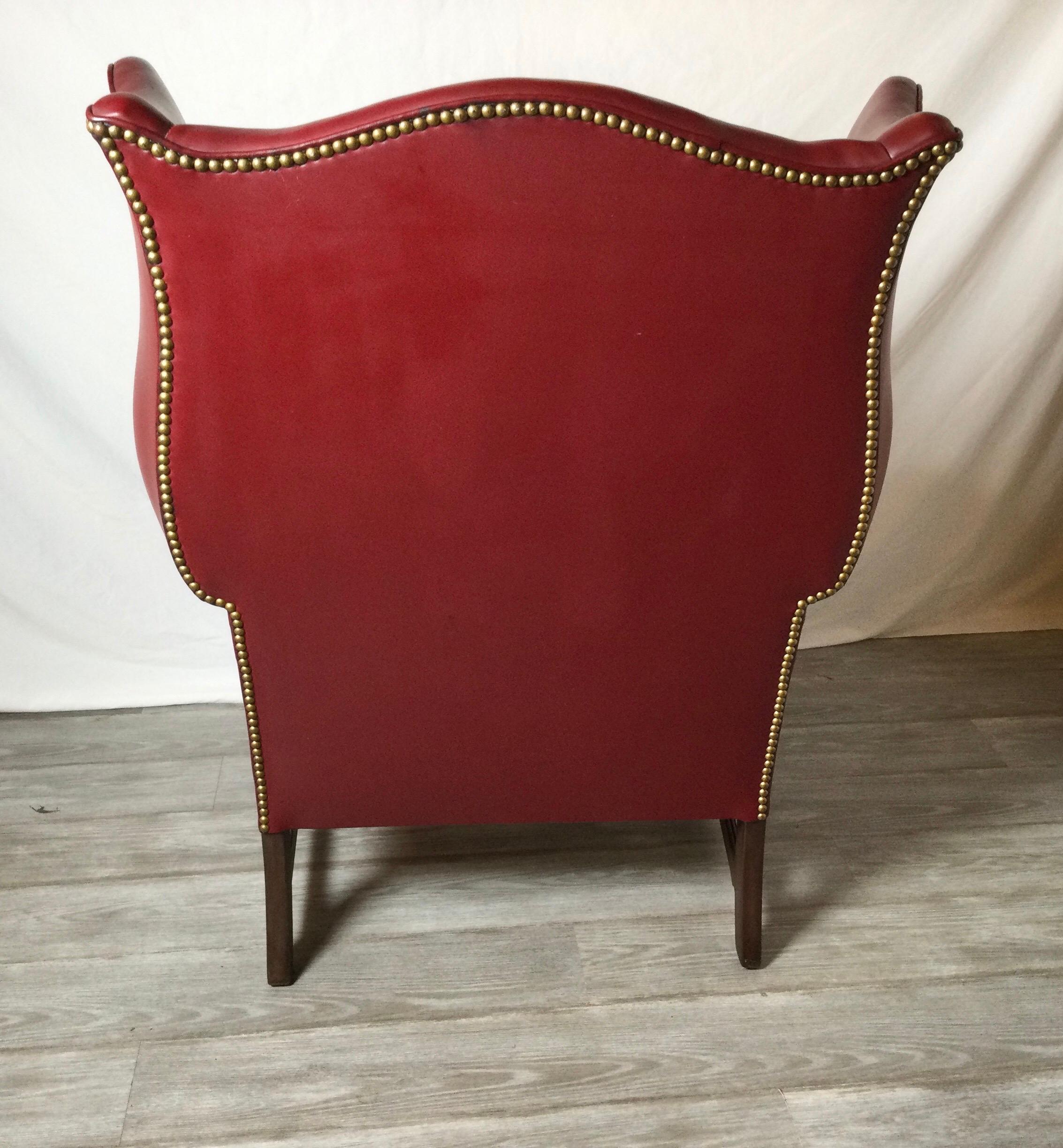 Leather Devon Style Wing Chair with Brass Nail Head Trim In Good Condition For Sale In Lambertville, NJ