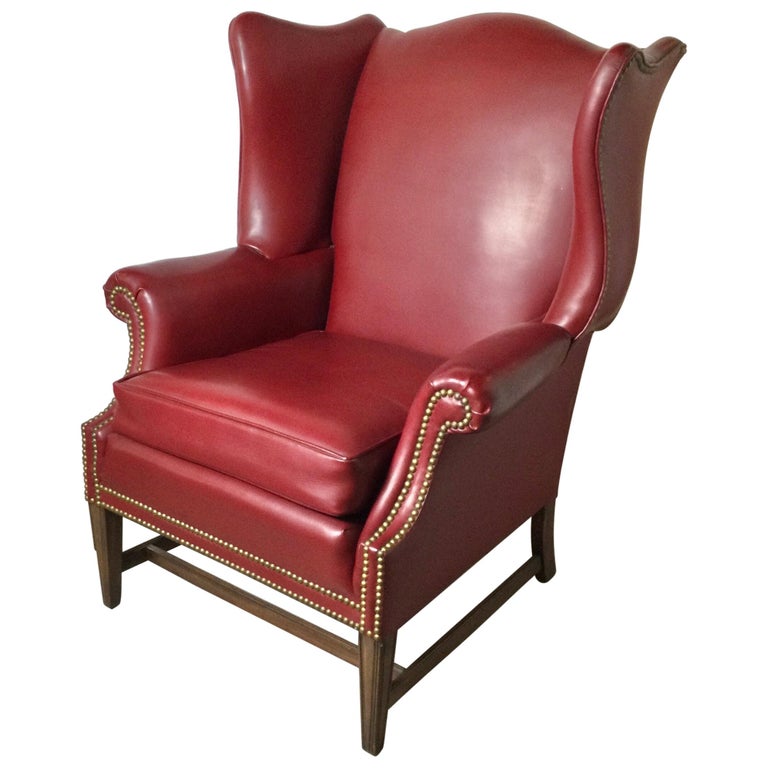 Leather Devon Style Wing Chair with Brass Nail Head Trim For Sale