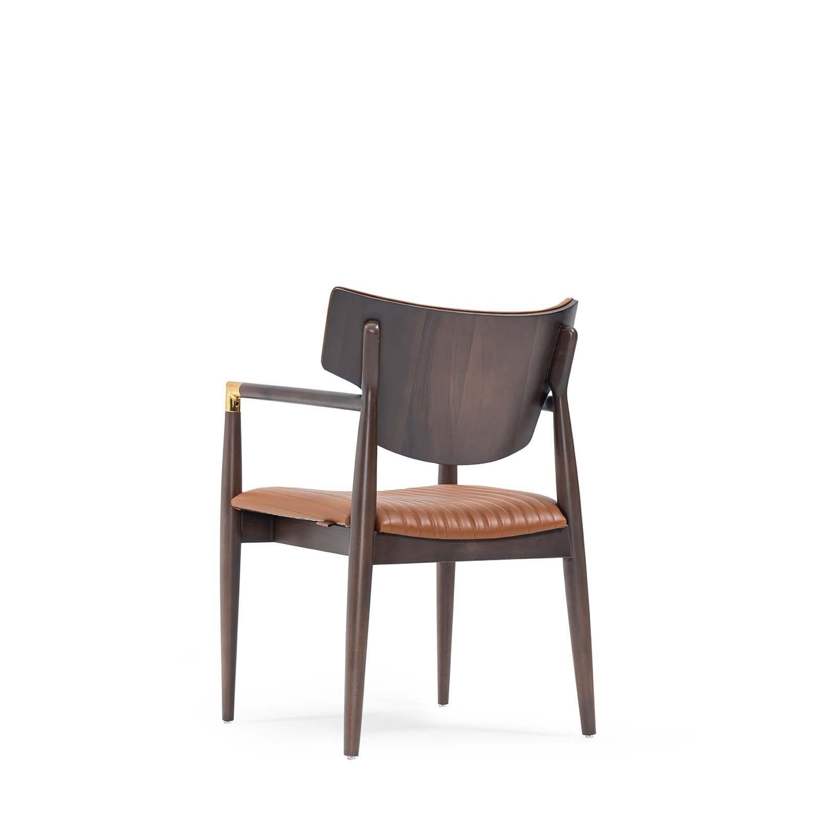 Contemporary Leather Dining Armchair Made to Order in Walnut Finish For Sale