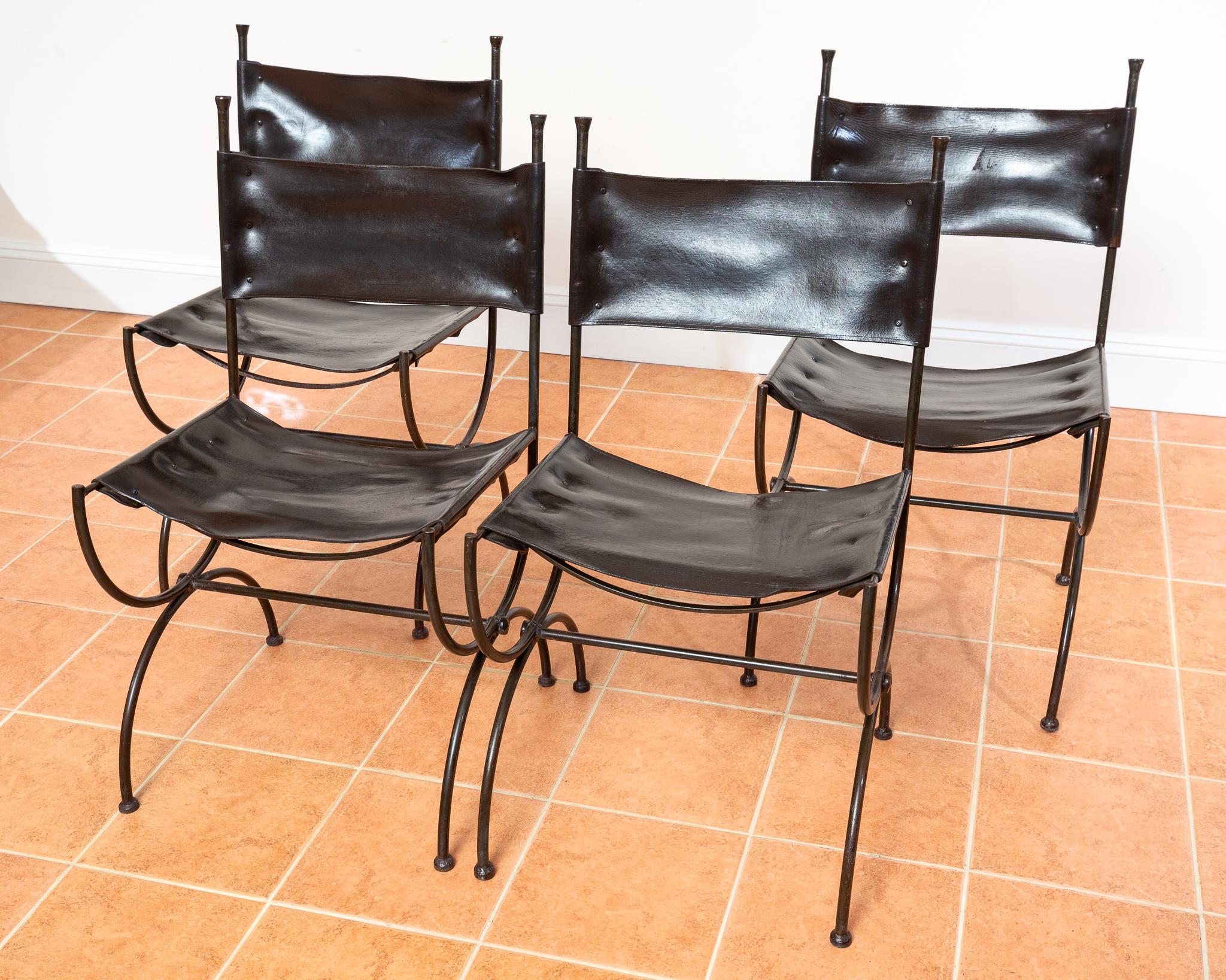 Chaises de salle à manger en cuir Fer forgé Set of 4 Vintage Spanish Curule Savonarola en vente 4