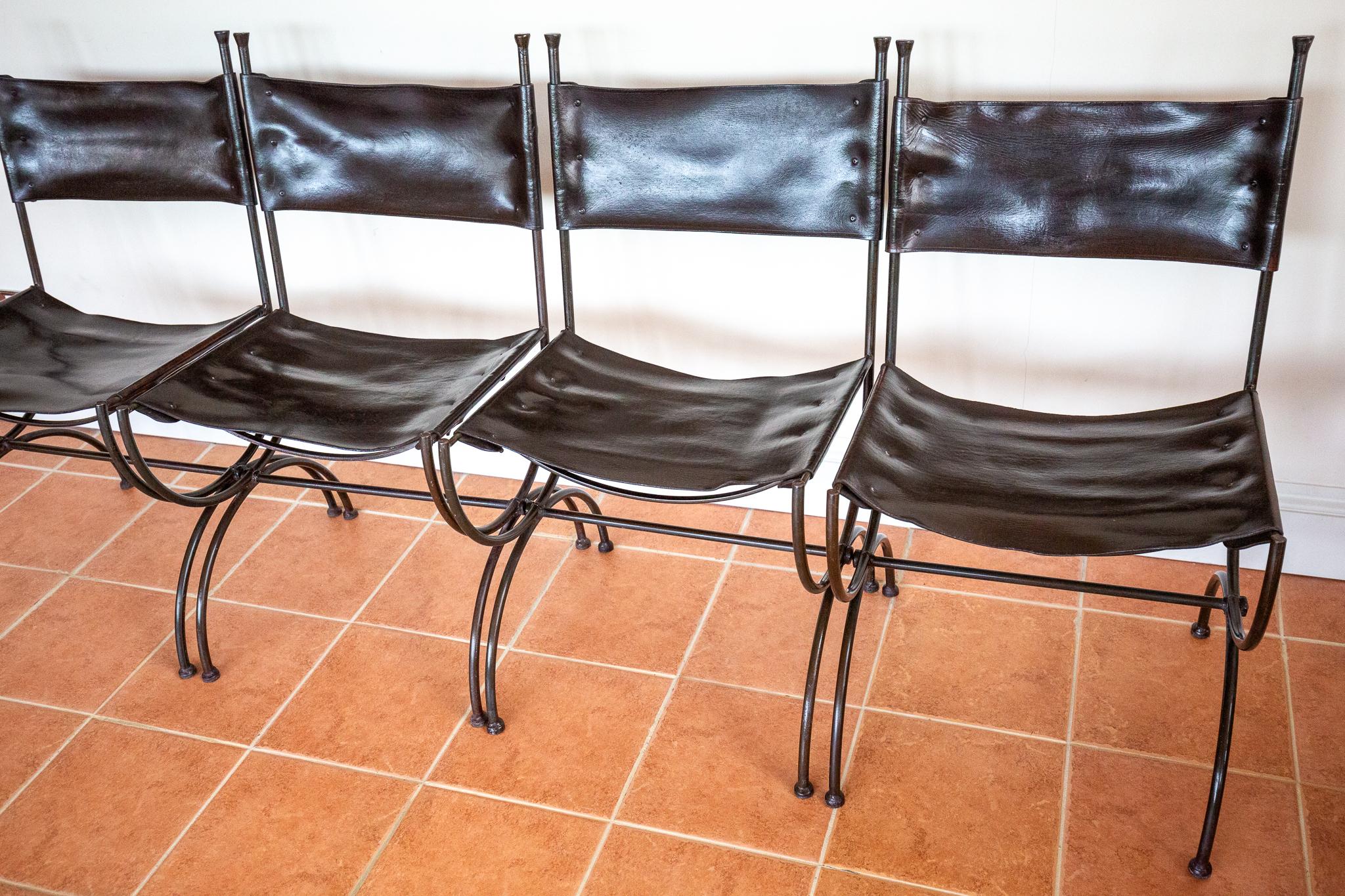 Chaises de salle à manger en cuir Fer forgé Set of 4 Vintage Spanish Curule Savonarola en vente 6