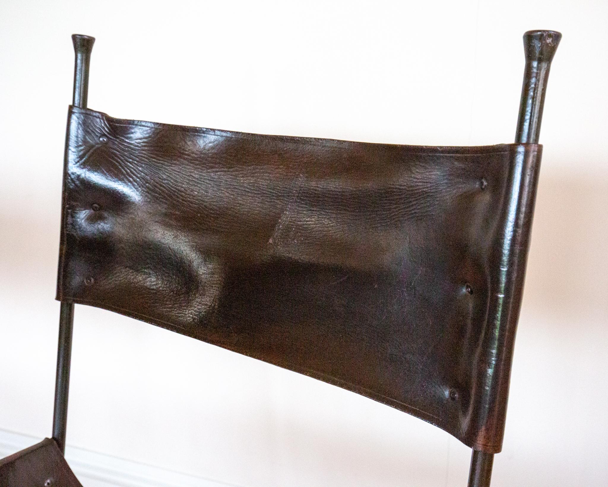 Chaises de salle à manger en cuir Fer forgé Set of 4 Vintage Spanish Curule Savonarola en vente 9