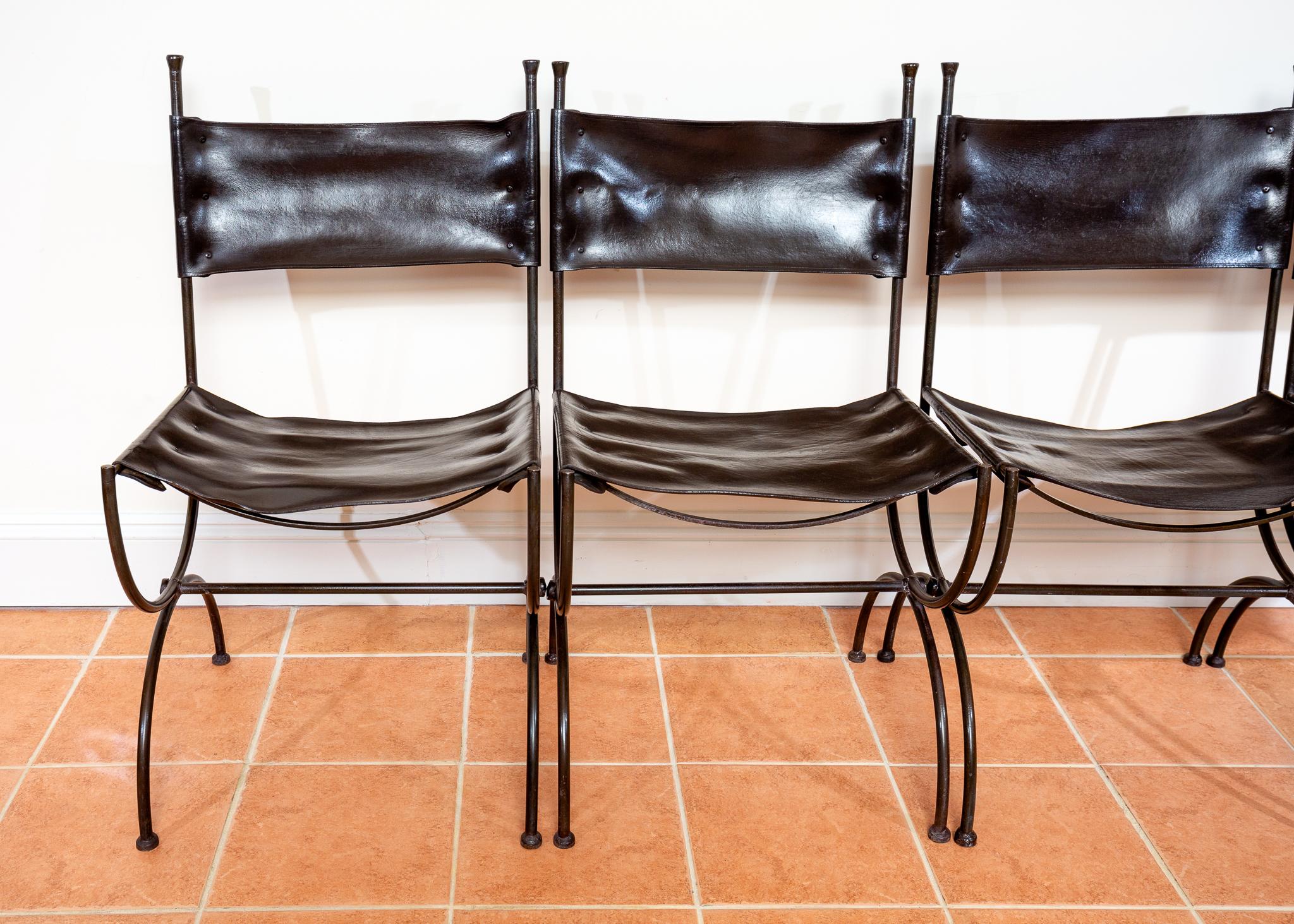 Chaises de salle à manger en cuir Fer forgé Set of 4 Vintage Spanish Curule Savonarola en vente 10
