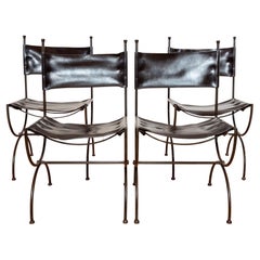 Leather Dining Chairs Wrought Iron Set of 4 Vintage Spanish Curule Savonarola