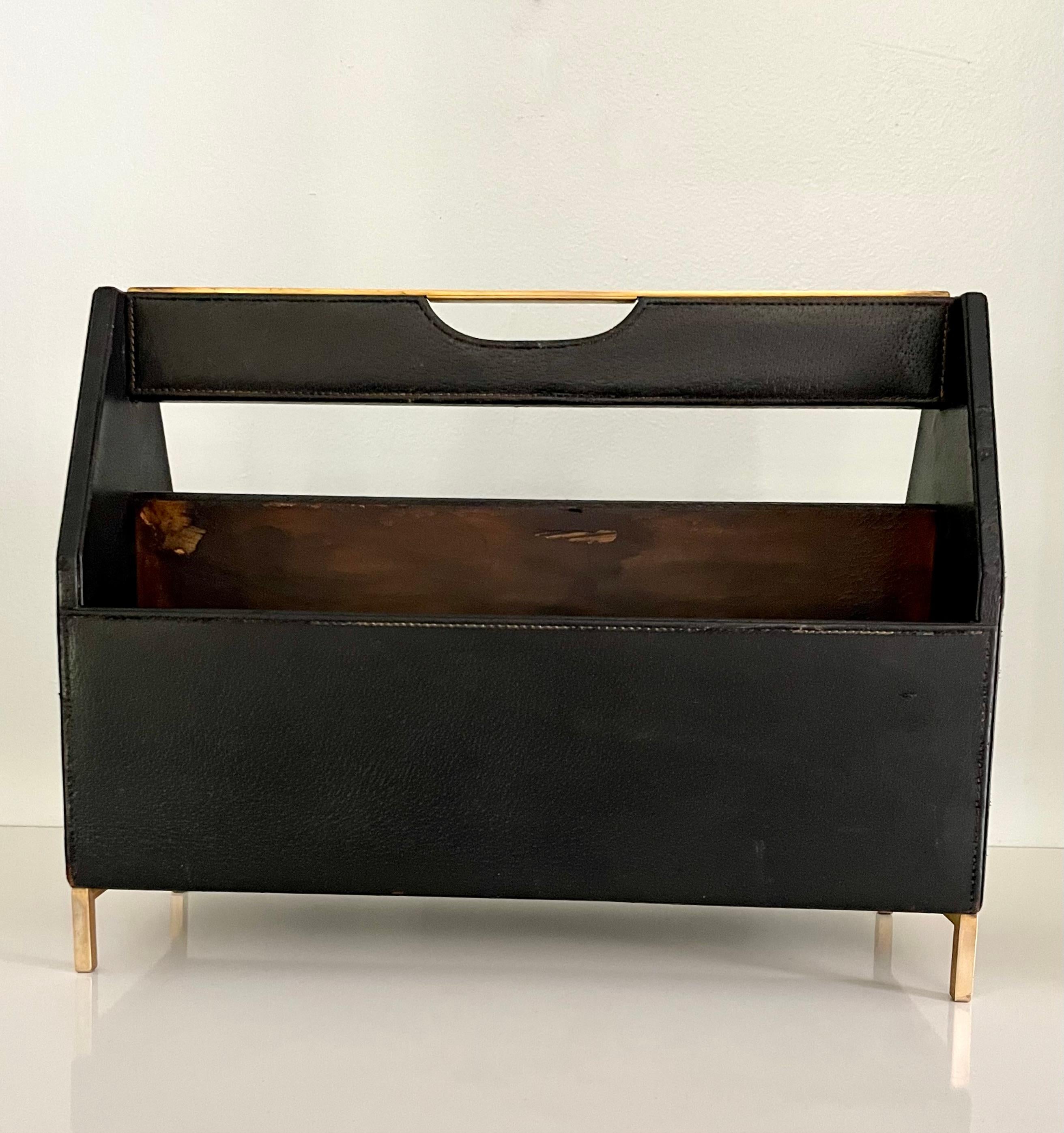 Mid-Century Modern Cross Pen Company Leather Double Compartment Magazine Rack For Sale