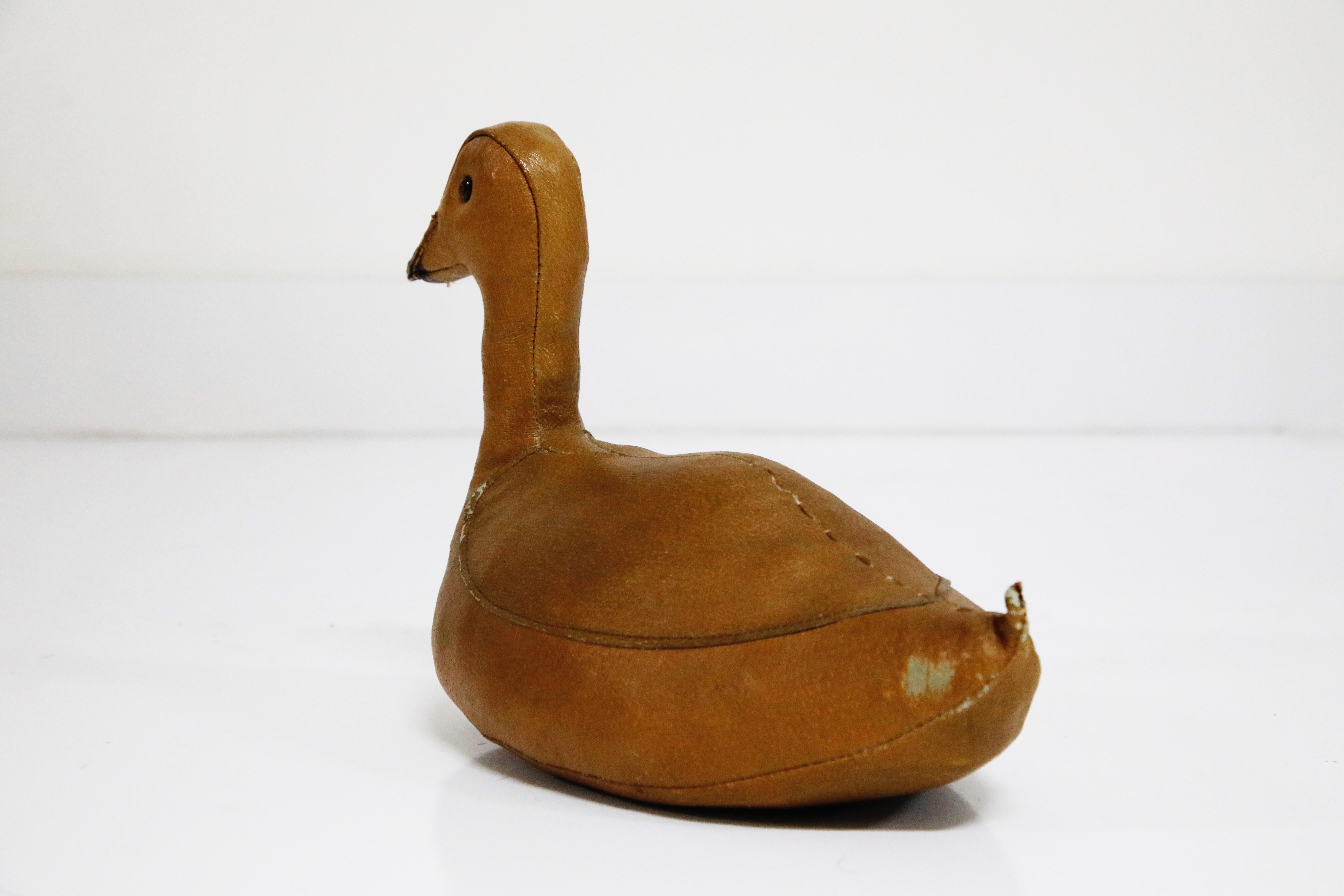 Patinated Leather Duckie Doorstop by Dimitri Omersa for Abercrombie and Fitch, 1950s