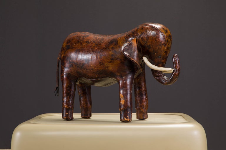 Mid-Century Modern Leather Elephant Stool by Dimitri Omersa for Abercrombie & Fitch, c 1963, Signed