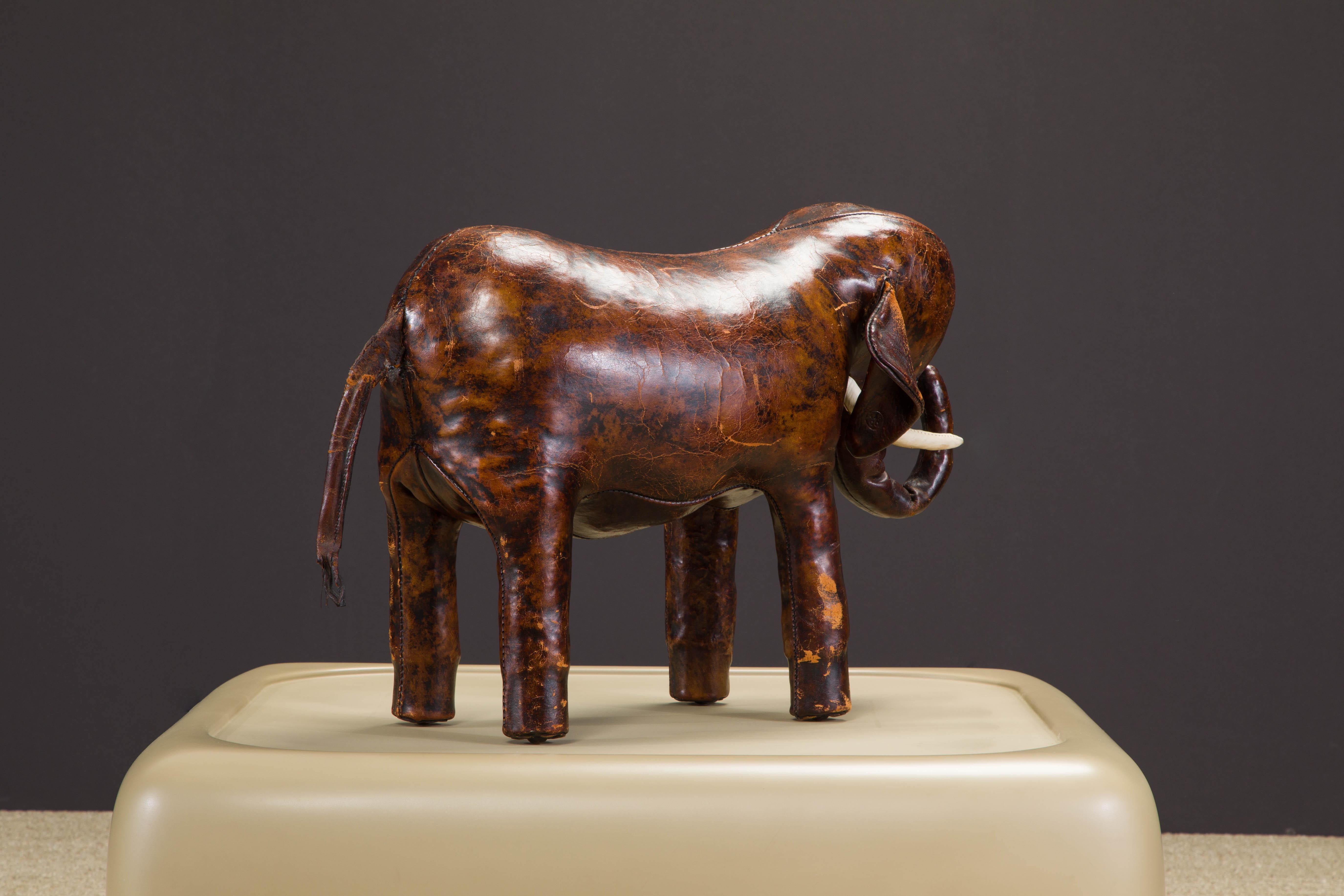 English Leather Elephant Stool by Dimitri Omersa for Abercrombie & Fitch, c 1963, Signed
