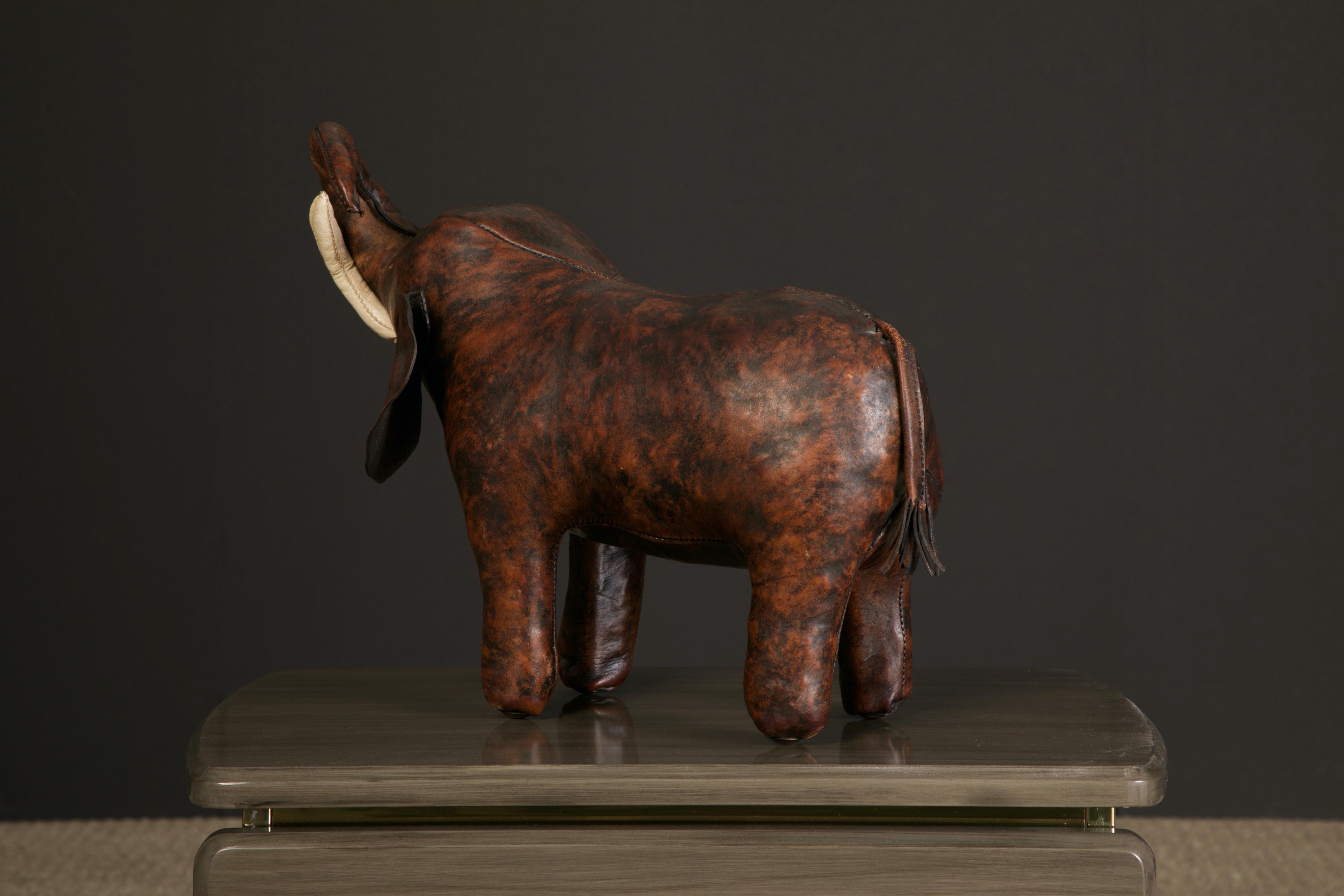 Patinated Leather Elephant Stool by Dimitri Omersa for Abercrombie & Fitch, c 1963, Signed