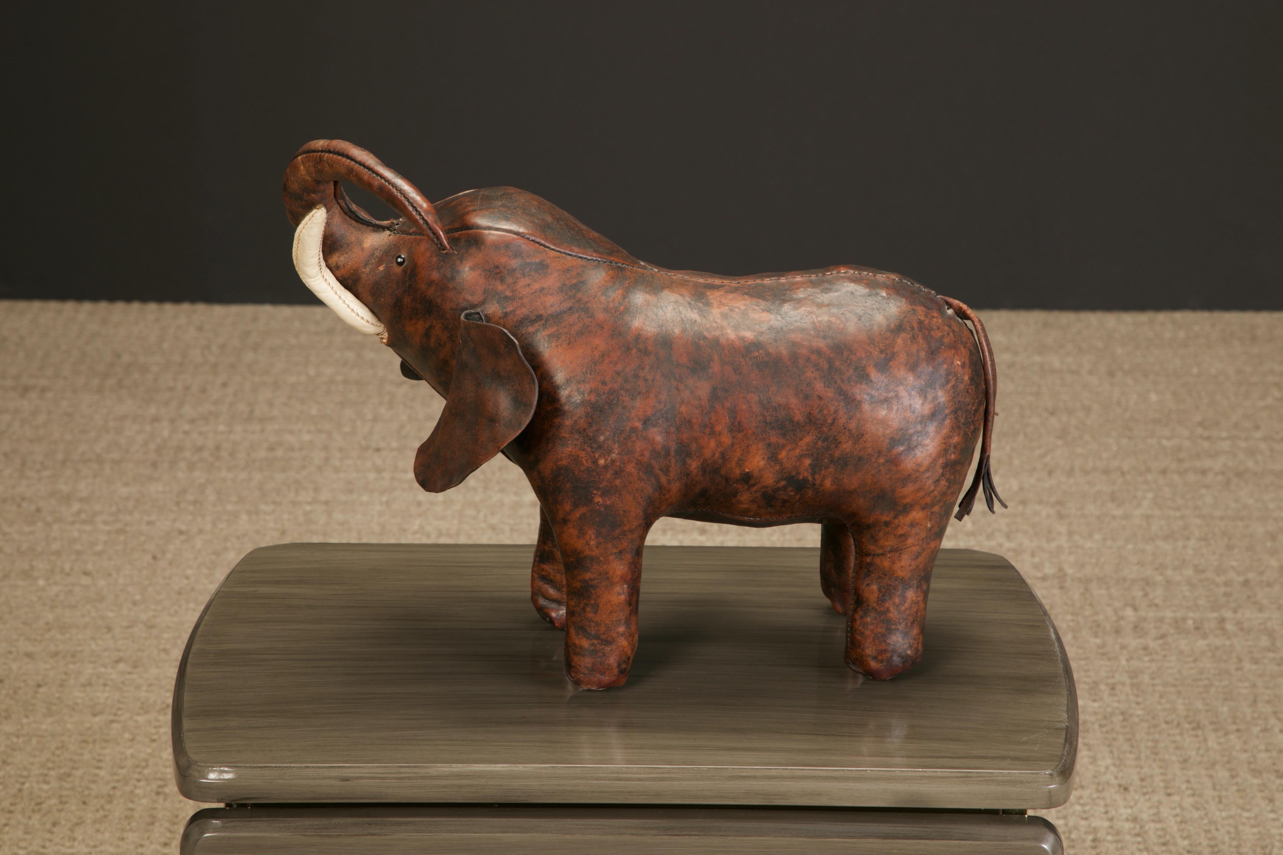Leather Elephant Stool by Dimitri Omersa for Abercrombie & Fitch, c 1963, Signed In Good Condition In Los Angeles, CA